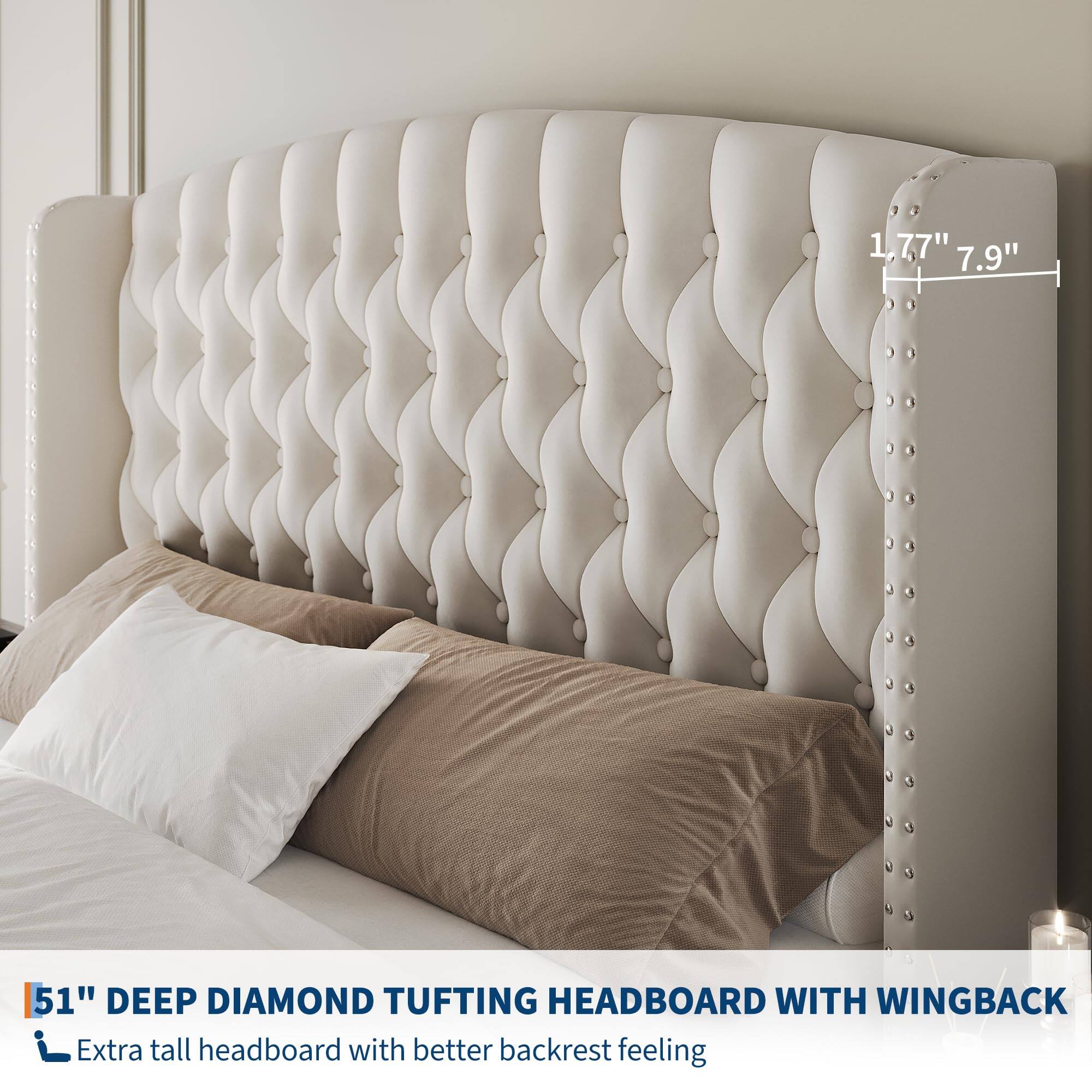 1.77" 7.9"  
51" DEEP DIAMOND TUFTING HEADBOARD WITH WINGBACK  
Extra tall headboard with better backrest feeling