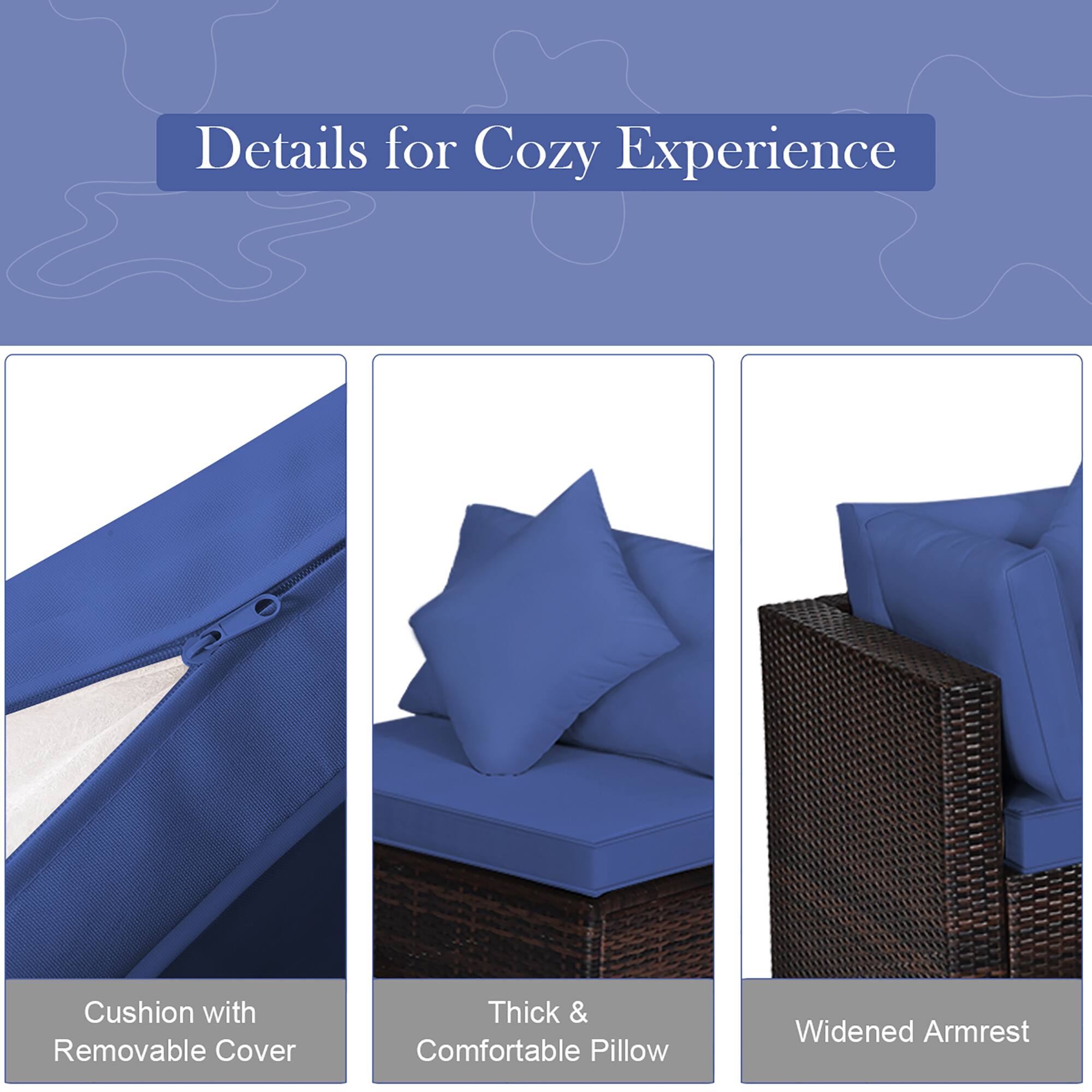 The text on the image is grouped and corrected as follows:

Details for Cozy Experience:

* Cushion with Removable Cover
* Thick & Comfortable Pillow
* Widened Armrest