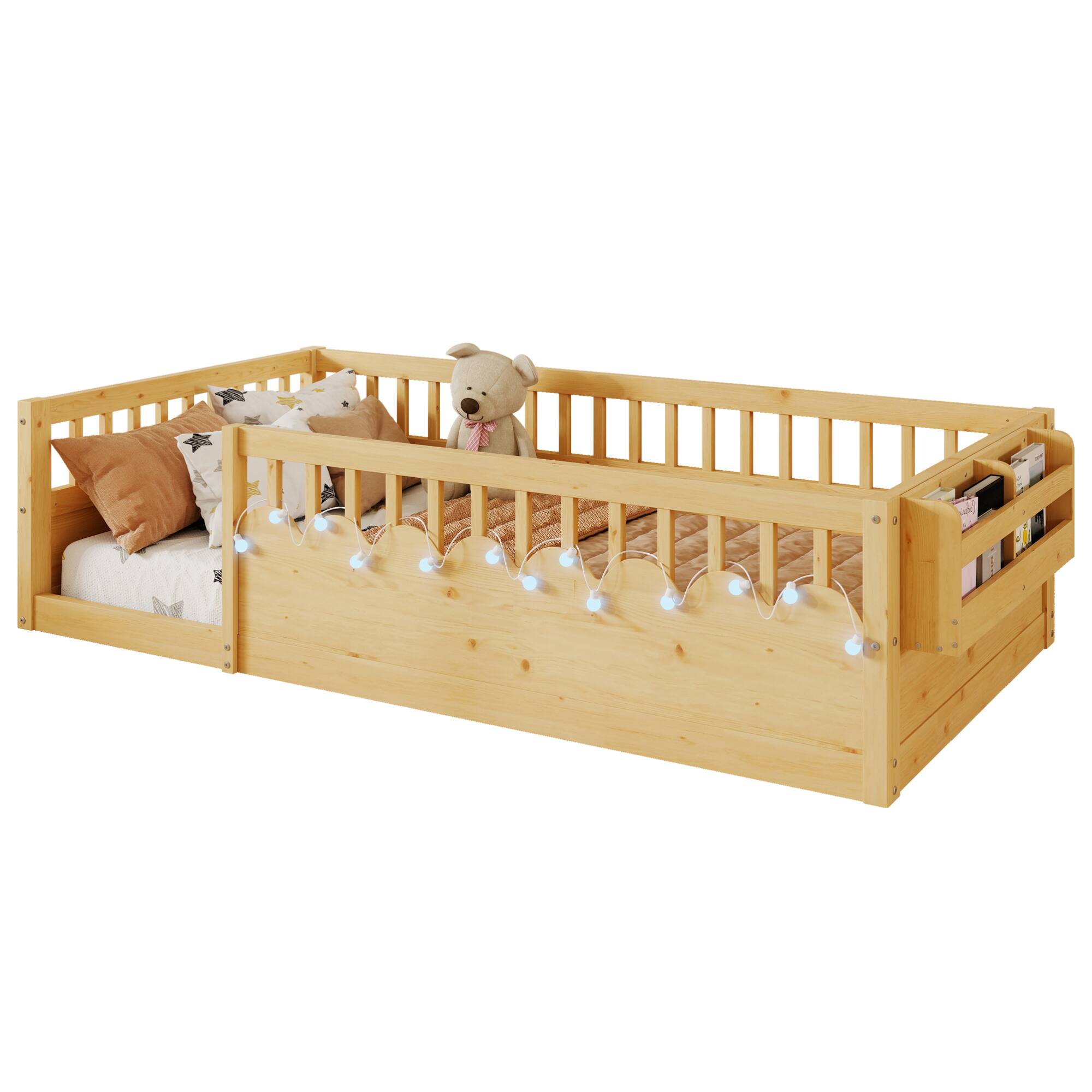 Alt View 2. GOODSILO - Twin Montessori Low Profile Floor Bed Frame with Safety Rails, LED Lighting and Storage Shelf for Children's Bedroom - Natural.