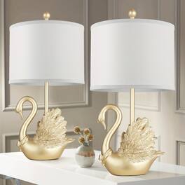 Akoasm - Golden Brass Swan Table Lamp Bedside Lamp Set of 2, Modern Sculptural Design with LED Bulbs for Bedroom Living Room