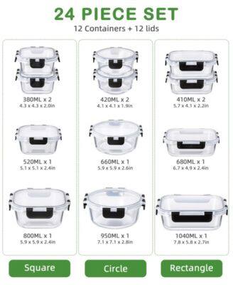 24 PIECE SET  
12 Containers + 12 lids  

380ML x 2  
4.3 x 4.3 x 2.0in  

420ML x 2  
4.1 x 4.1 x 1.9in  

410ML x 2  
5.7 x 4.1 x 2.2in  

520ML x 1  
5.1 x 5.1 x 2.4in  

660ML x 1  
5.9 x 5.9 x 2.6in  

680ML x 1  
6.7 x 4.9 x 2.4in  

800ML x 1  
5.9 x 5.9 x 2.4in  

950ML x 1  
7.1 x 7.1 x 2.8in  

1040ML x 1  
7.8 x 5.8 x 2.7in  

Square  
Circle  
Rectangle