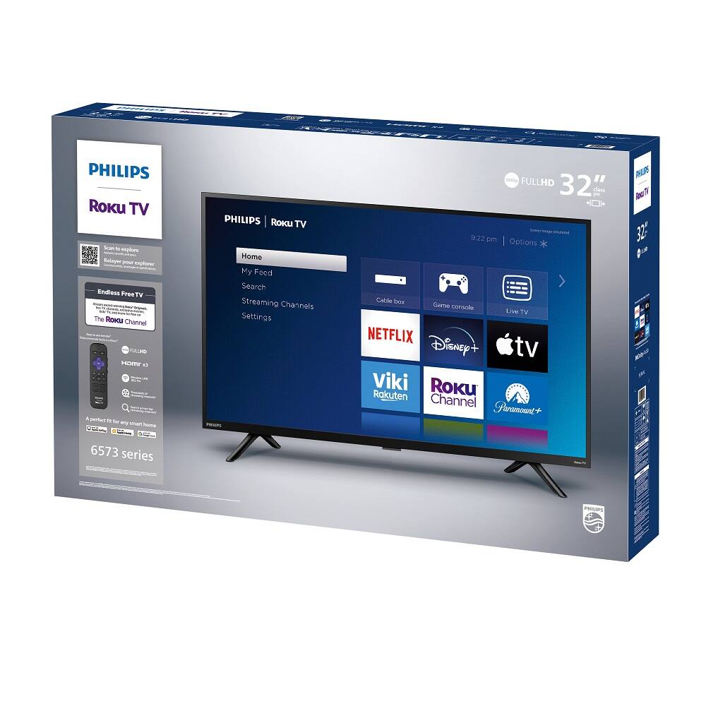 Sure, here is the corrected and grouped text from the image:

---

**PHILIPS Roku TV**

- **Home**
- **My Feed**
- **Search**
- **Streaming Channels**
- **Settings**

**Endless Free TV**
- The Roku Channel

**FULL HD 32"**

**6573 series**

**Scan to explore**
- Ballyour pour explorer

**Cable box**
- Game console
- Live TV

**NETFLIX**
- Disney+
- Apple TV
- Viki
- Rakuten Channel
- Paramount+

**Options**

**9:22 pm**

**FULL HD**

**32"**

**6573 series**

**PHILIPS**

**Roku TV**

**Perfect fit for any modern home**

**PHILIPS**

**Roku TV**

**32"**

**FULL HD**

**6573 series**

**PHILIPS**

**Roku TV**

**32"**

**FULL HD**

**6573 series**

**PHILIPS**

**Roku TV**

**32"**

**FULL HD**

**6573 series**

**PHILIPS**

**Roku TV**

**32"**

**