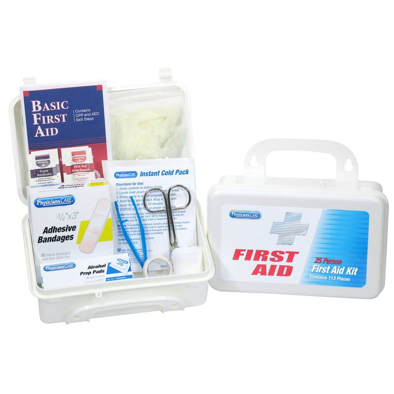 BASIC First Aid  
Contains CPR and AED Skill Steps  

Directions for Use:  
1. Stroke contents to complete.  
2. Locate area of pain or injury.  
3. Apply.  

Adhesive Bandages  
3/4" x 3"  
50 Sterile Bandages Non-Stick Pad with PhysiciansCARE  

Alcohol Prep Pads  

Instant Cold Pack  

PhysiciansCARE  
FIRST AID  
25 Person First Aid Kit  
Contains 113 Pieces