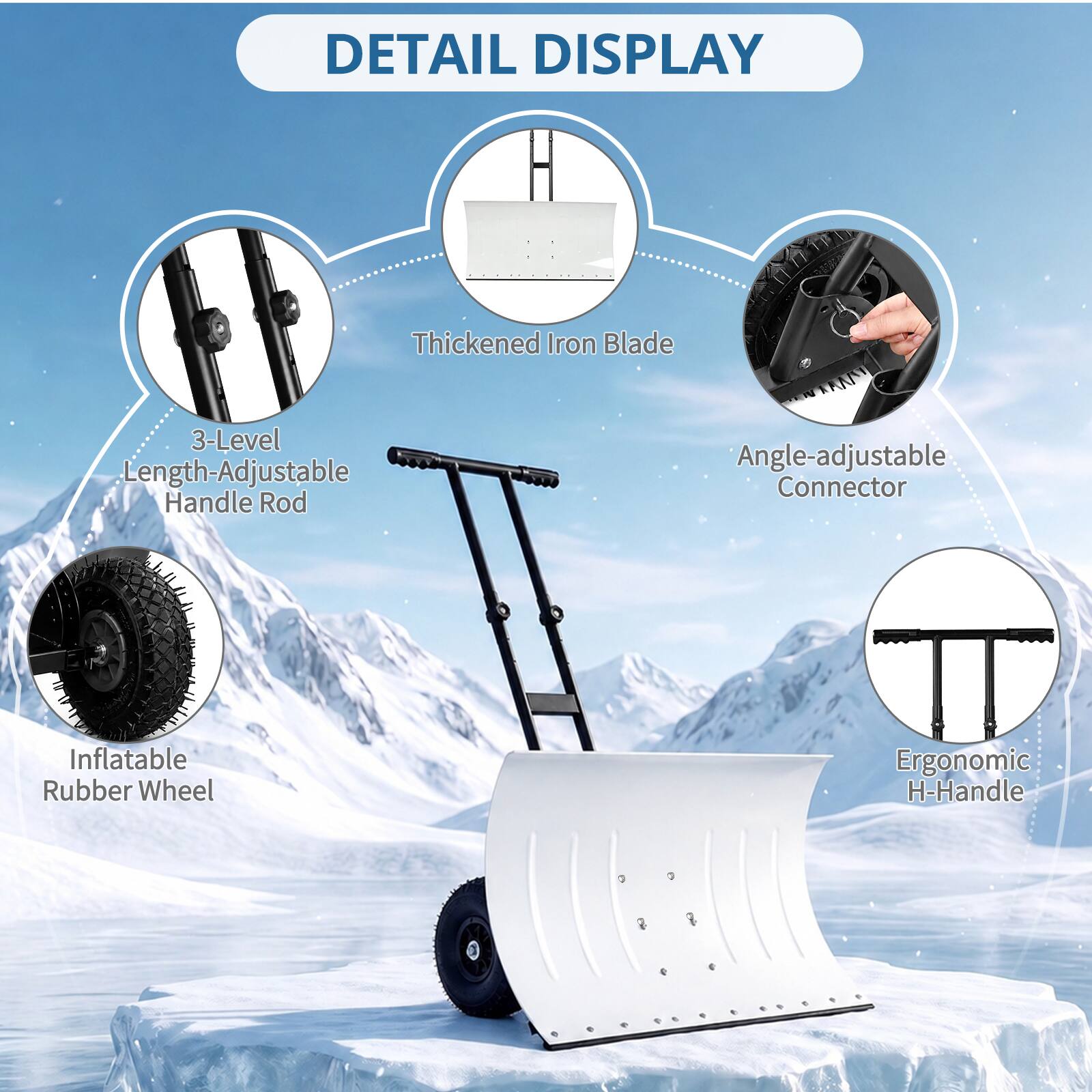 DETAIL DISPLAY

- Thickened Iron Blade
- 3-Level Length-Adjustable Handle Rod
- Angle-adjustable Connector
- Inflatable Rubber Wheel
- Ergonomic H-Handle