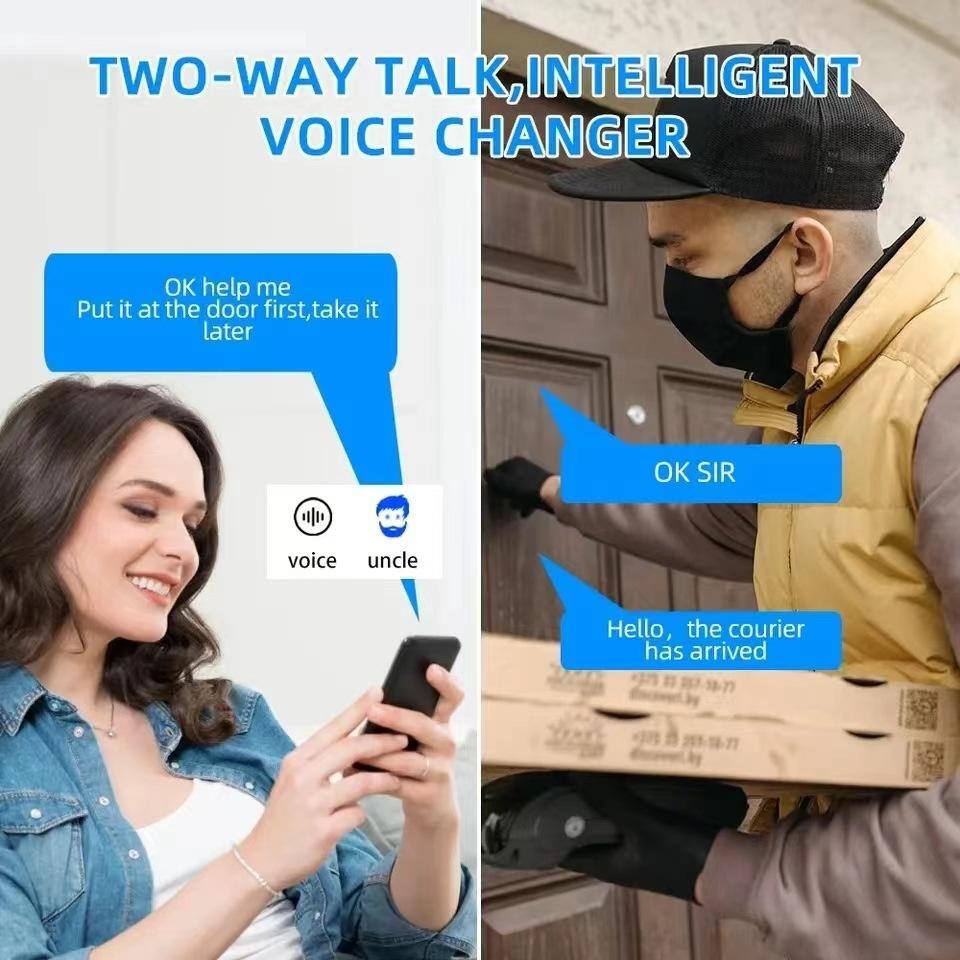 TWO-WAY TALK, INTELLIGENT VOICE CHANGER

OK help me  
Put it at the door first, take it later

OK SIR

voice uncle

Hello, the courier has arrived