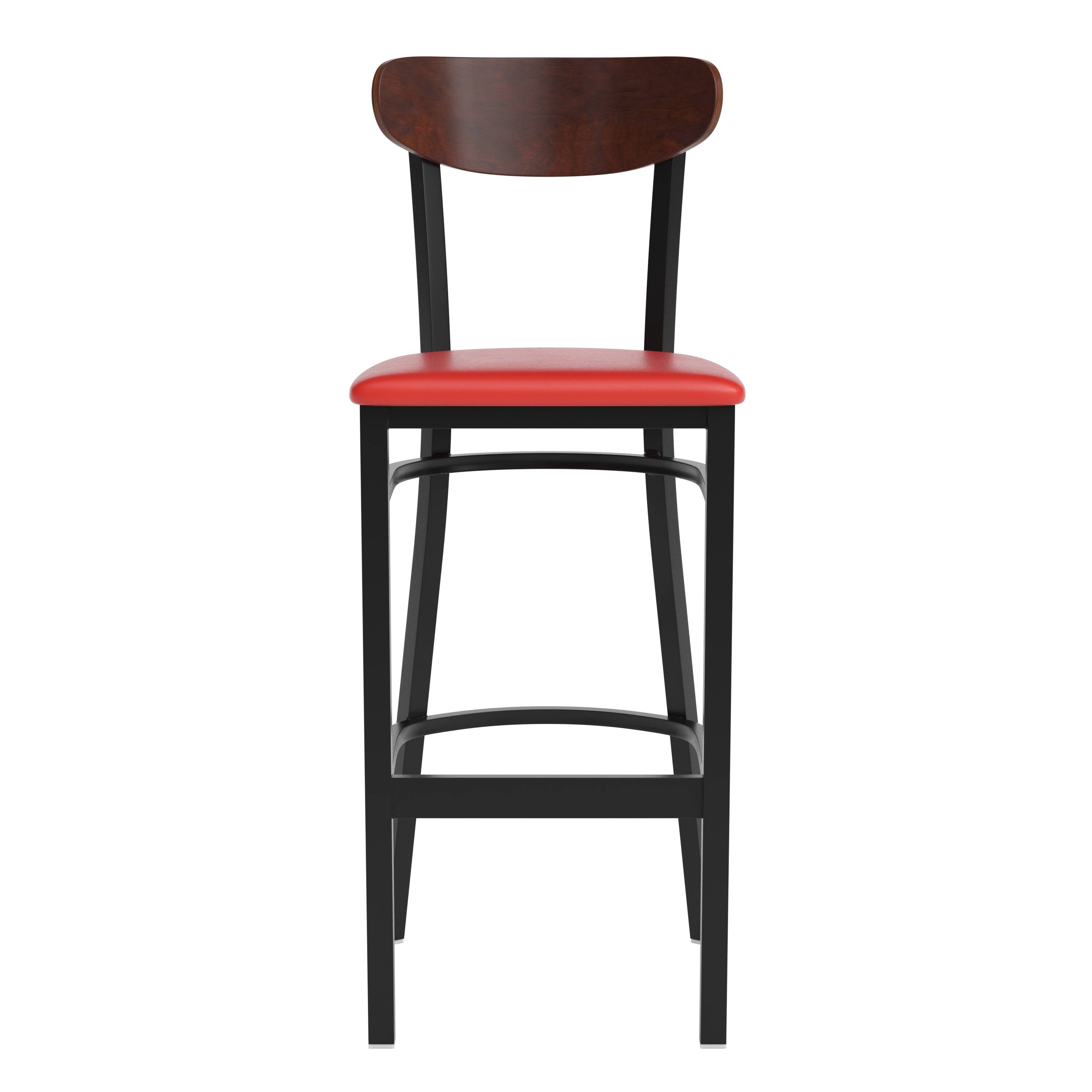 Alt View 11. Alamont Home - Wright Commercial Metal Barstool with Vinyl Seat and Wood Boomerang Back-Red/Walnut - Walnut Wood Back/Red Vinyl Seat.