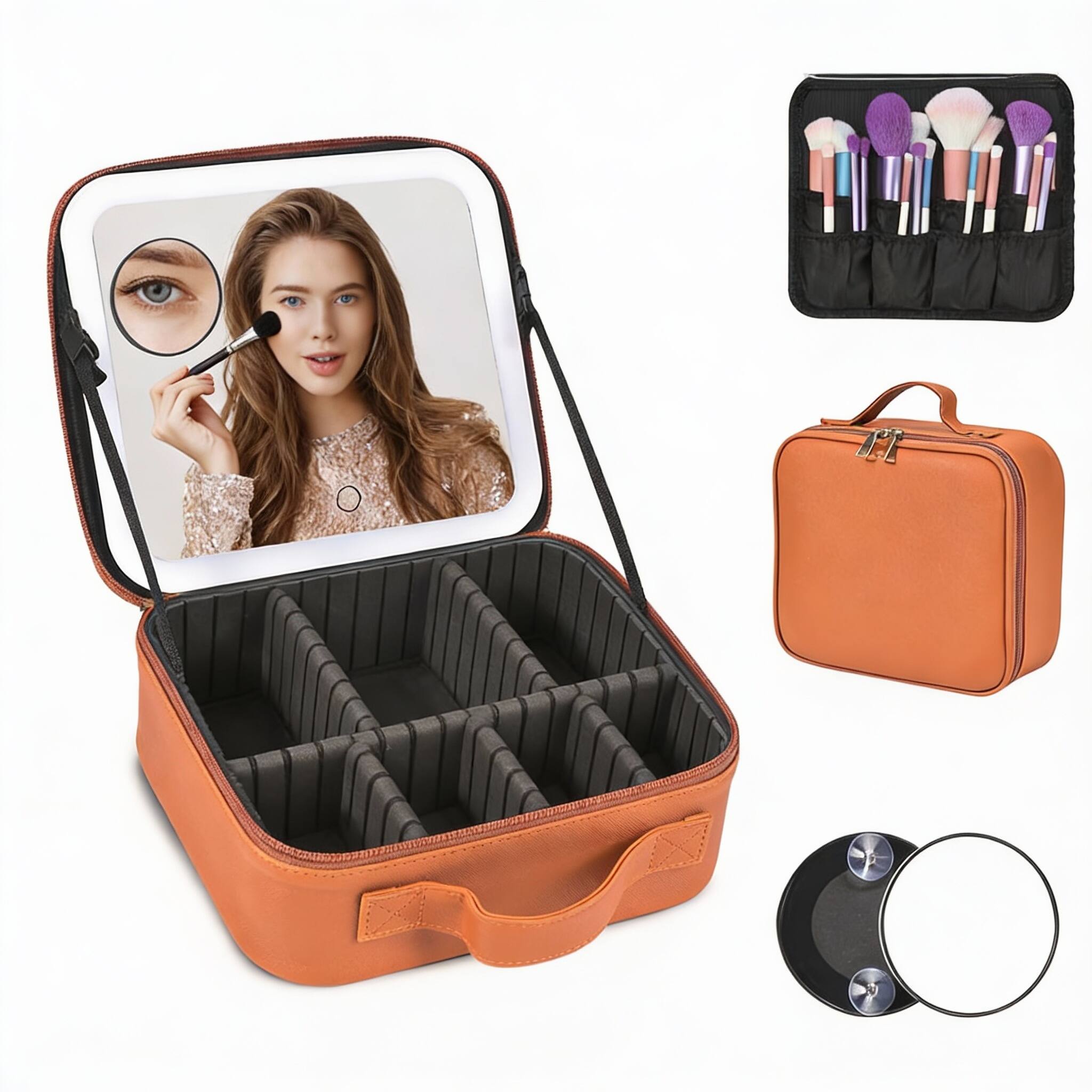 Alt View 1. OMOMMD - Travel Makeup Bag With Led Mirror Case Color Setting Organizer Adjustable Dividers Portable Make Up Box Bru - Rose-UP.