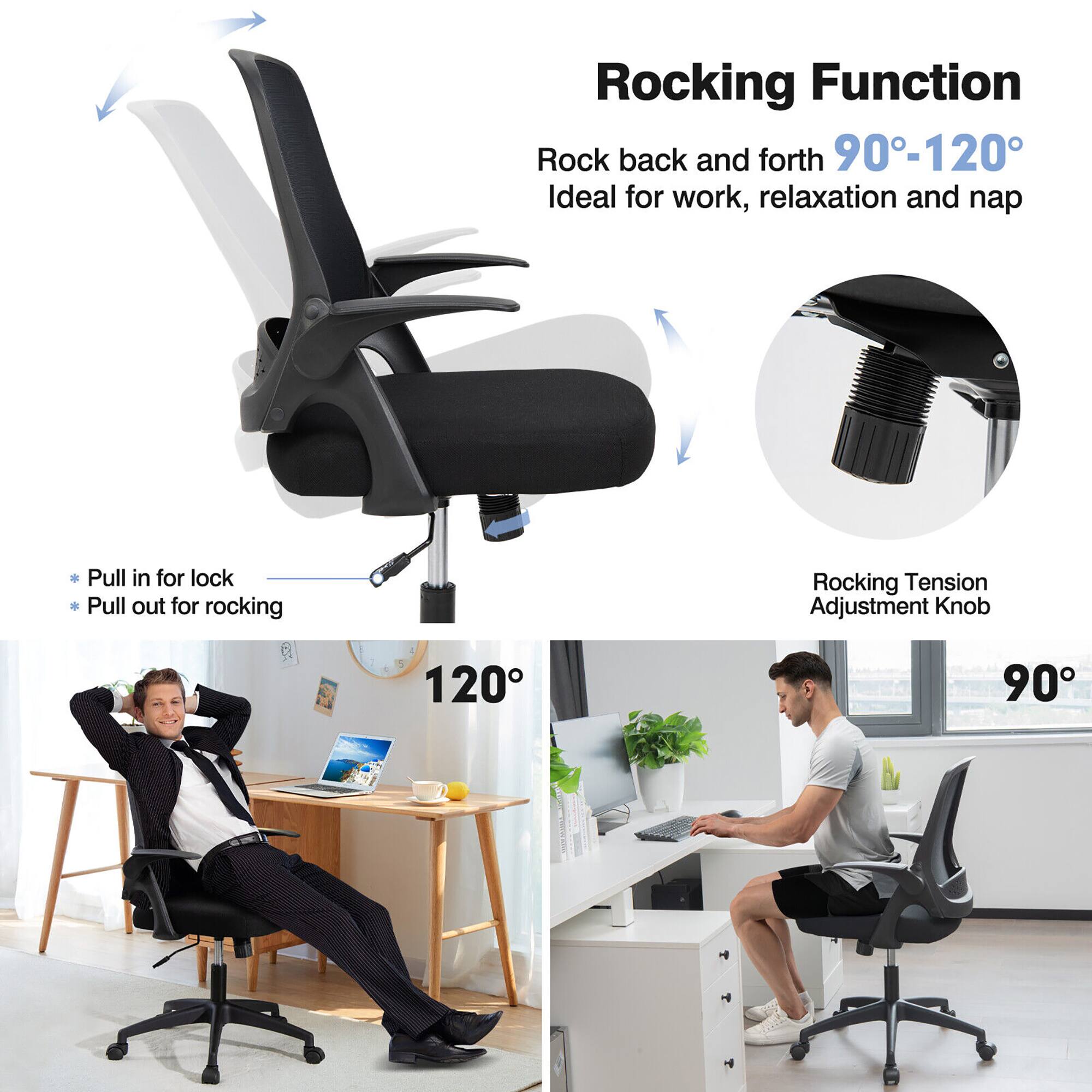 The image features a chair with a rocking function that allows the user to rock back and forth between 90-120 degrees. This feature is ideal for work, relaxation, and napping. The chair has a pull-in lock for stability when needed and a pull-out rocking adjustment knob for customizing the rocking tension. The image also shows a man sitting in the chair, working on a laptop.
