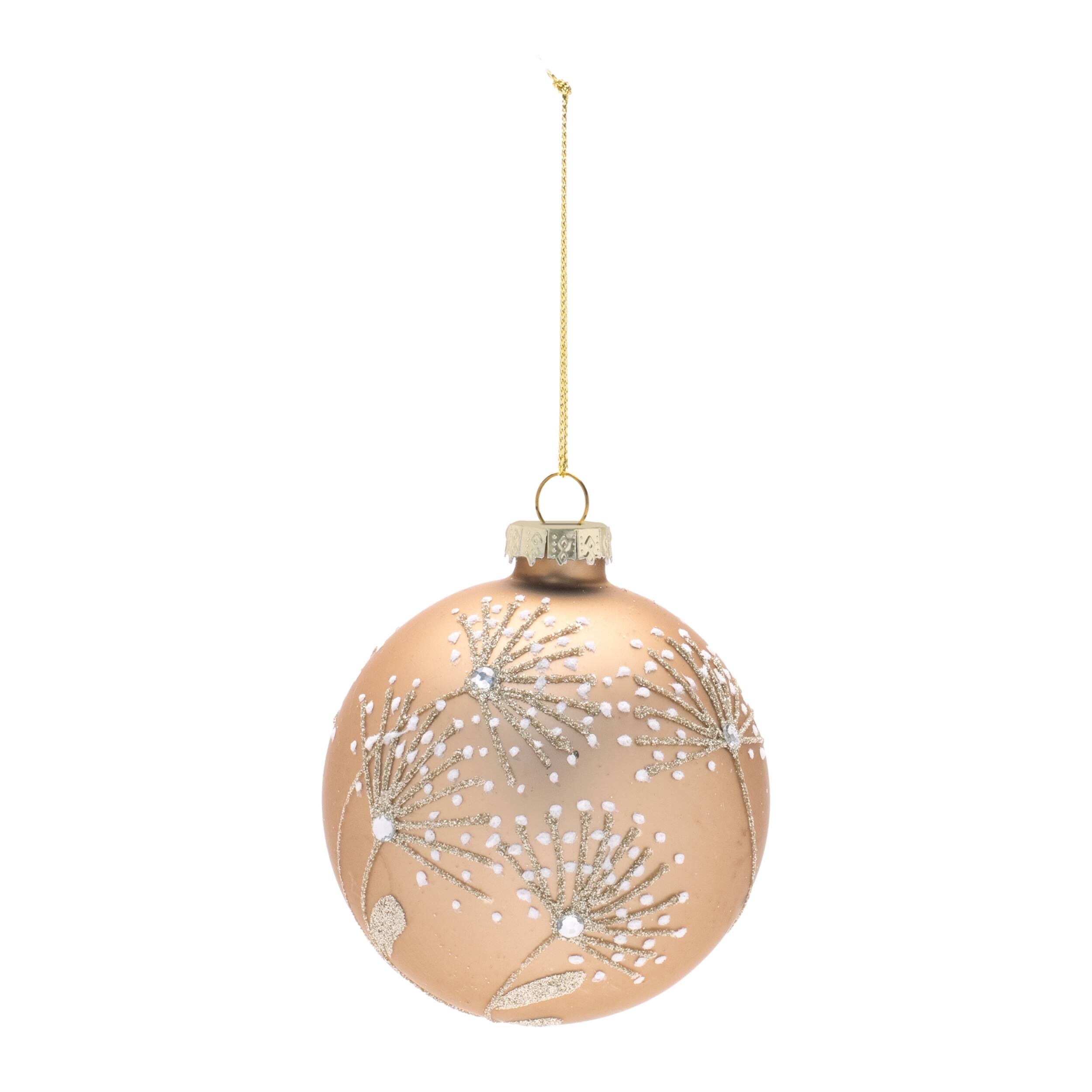 Angle. BreeBe - Champagne Floral Glass Ball Ornaments – Set of 12 - Rose Gold, White.
