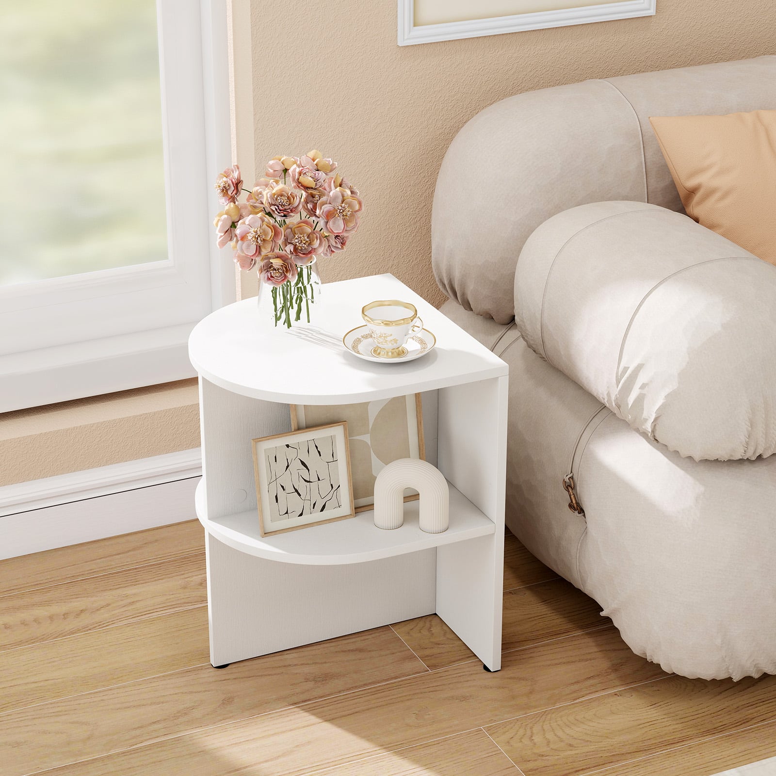 by interiors ☆ LOAF SIDETABLE WHITE Gymax Half Round Side Table 2 tier Wooden Nightstand w/Open