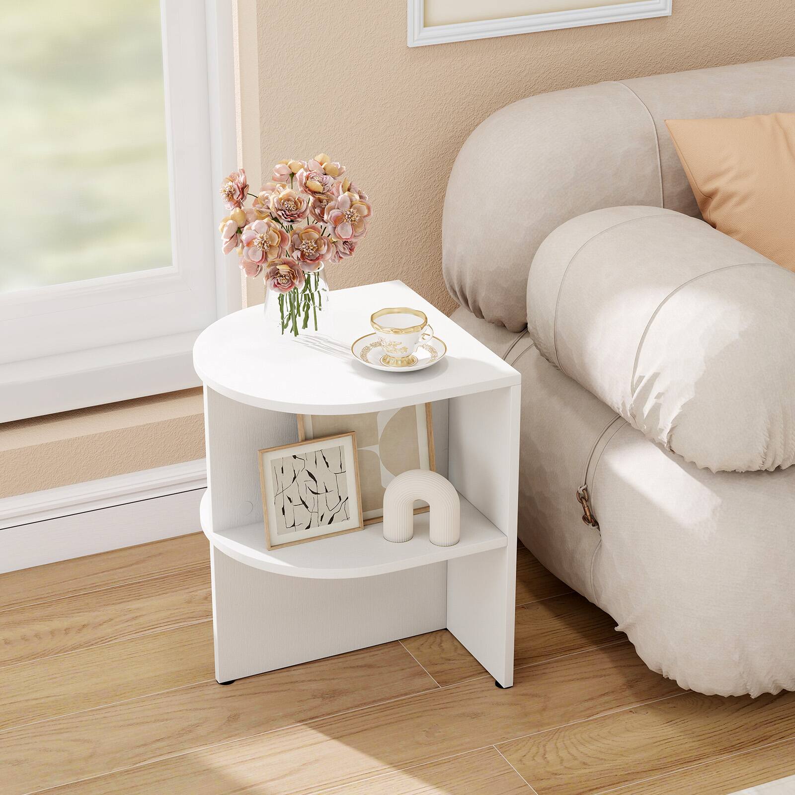 Alt View 1. Gymax - Gymax Half Round Side Table 2-tier Wooden Nightstand w/Open Storage Shelves White - White.