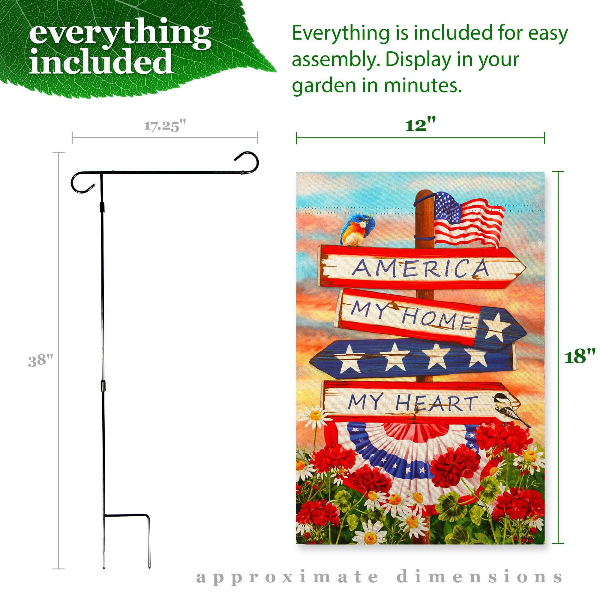 Everything is included for easy assembly. Display in your garden in minutes.

17.25"  
12"  
38"  
18"  

approximate dimensions