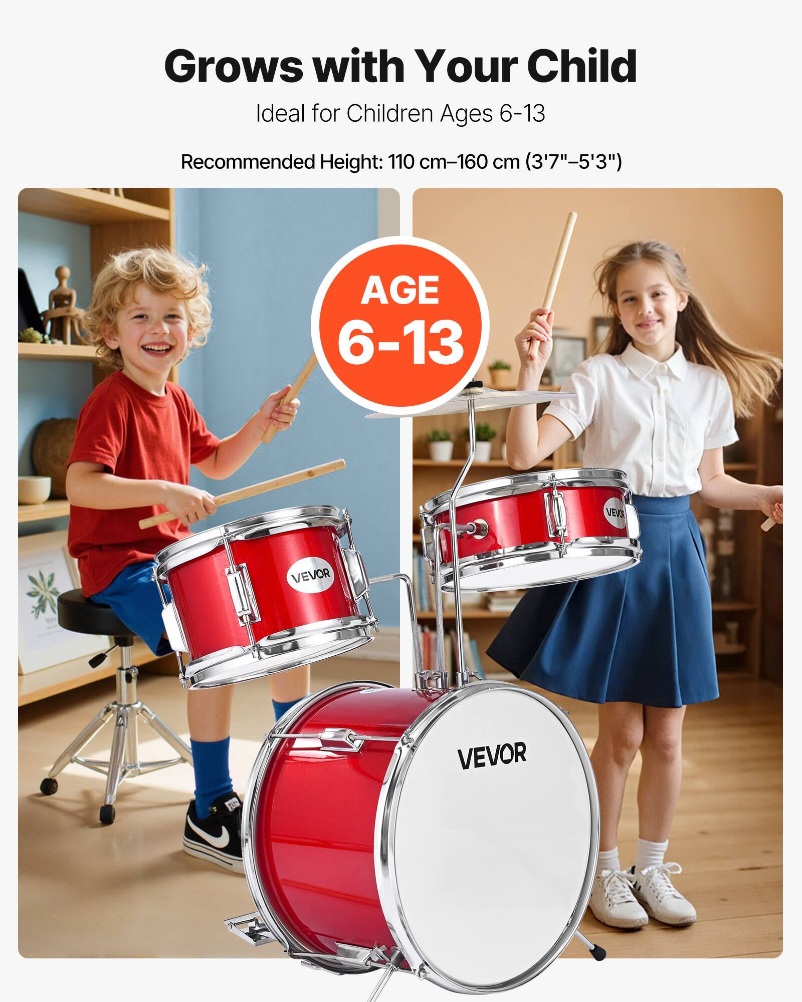 Grows with Your Child  
Ideal for Children Ages 6-13  
Recommended Height: 110 cm-160 cm (3'7"-5'3")  
AGE 6-13  
VEVOR