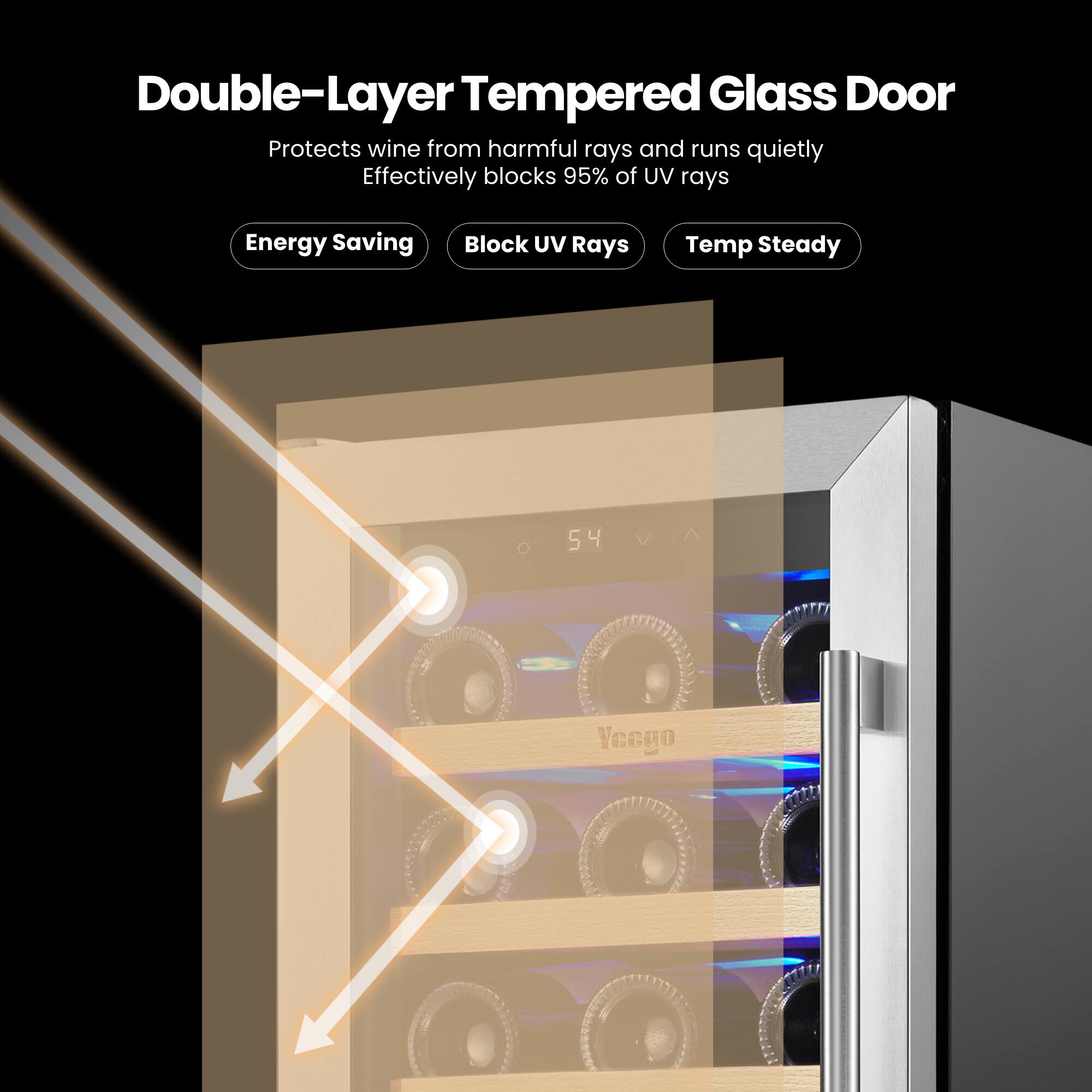 Double-Layer Tempered Glass Door  
Protects wine from harmful rays and runs quietly  
Effectively blocks 95% of UV rays  

Energy Saving  
Block UV Rays  
Temp Steady  

54  
Veego