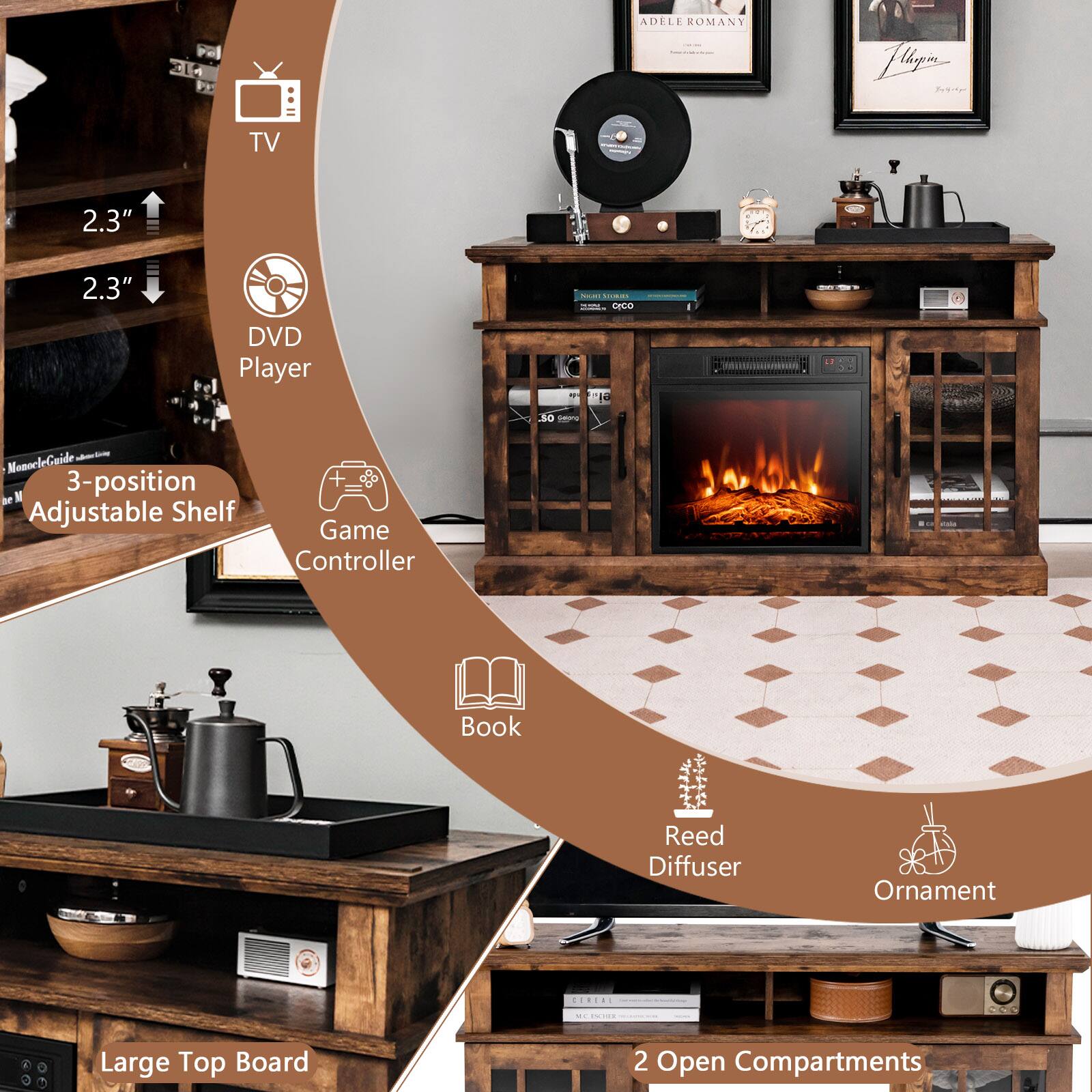 The image features a wooden entertainment center with various items and functions. The center includes a television, a DVD player, a fireplace, a game controller, a book, a coffee maker, and a reed diffuser. The entertainment center also has a large top board and two open compartments. The image is divided into sections, each showcasing different aspects of the entertainment center.