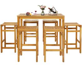 Gymax - 7PCS Acacia Wood Bar Table Set 45'' Rectangular Dining Table & 6 Stools - Teak