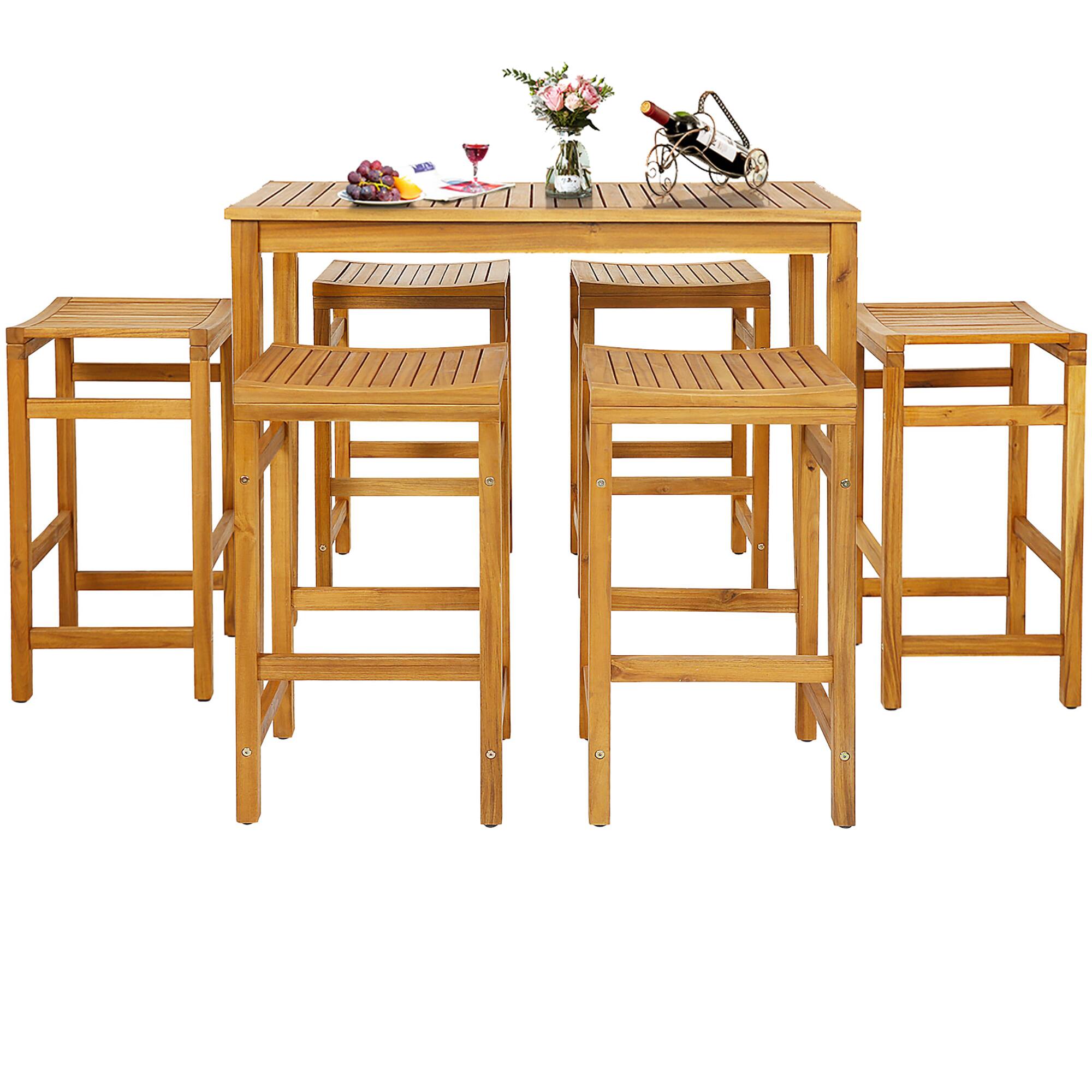 Front. Gymax - Gymax 7PCS Acacia Wood Bar Table Set 45'' Rectangular Dining Table & 6 Stools - Teak.