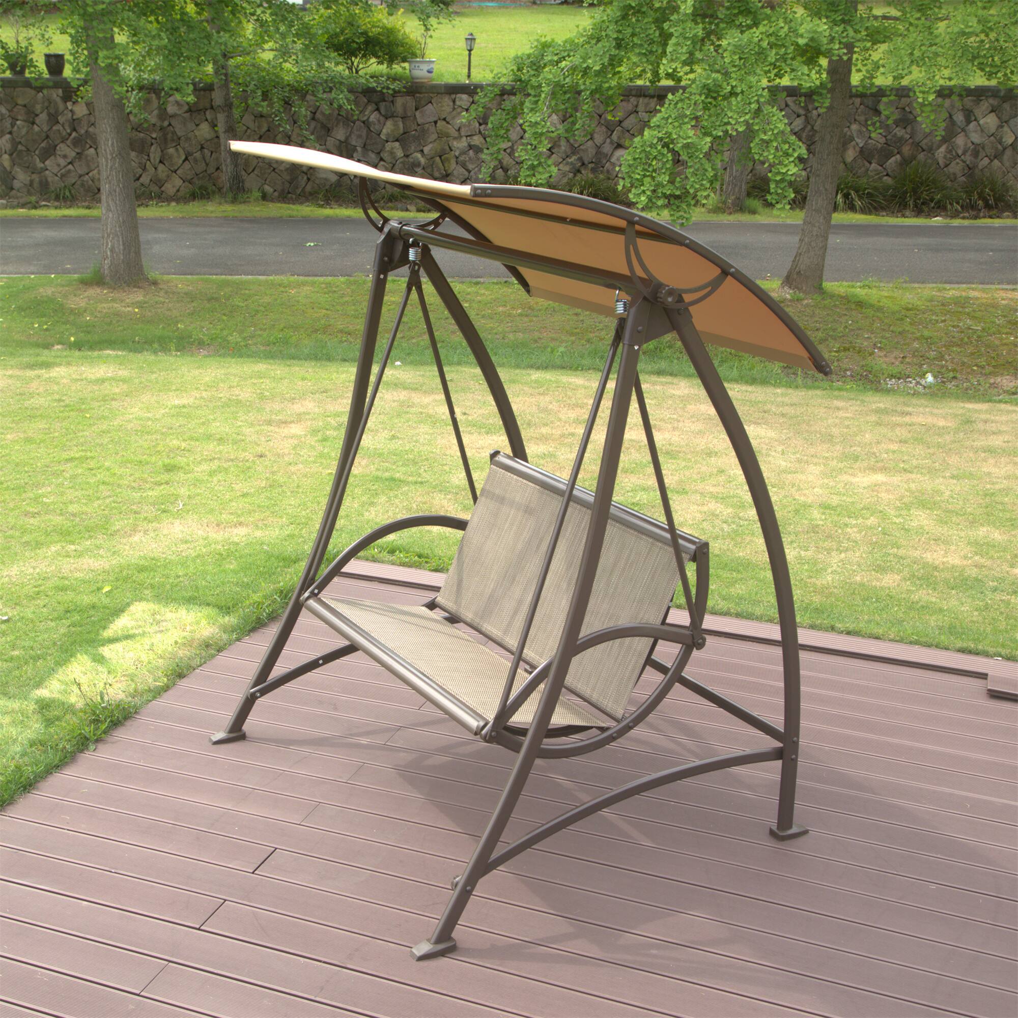 Angle. Mondawe - 2-Seat Patio Swing Chair with Adjustable Canopy and Durable Steel Frame - Dark Brown.