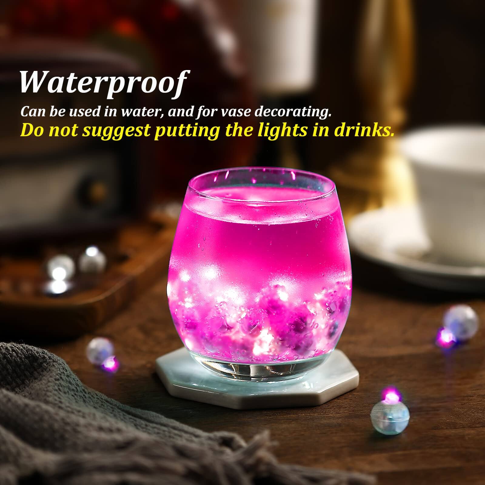 Waterproof  
Can be used in water, and for vase decorating.  
Do not suggest putting the lights in drinks.