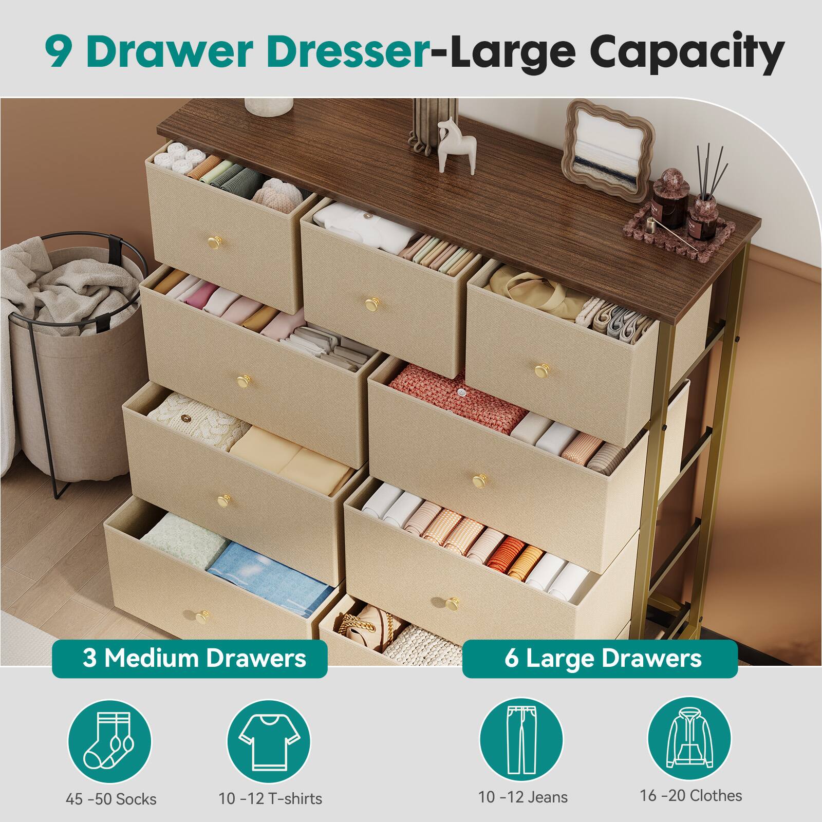 9 Drawer Dresser-Large Capacity

3 Medium Drawers
6 Large Drawers

45-50 Socks
10-12 T-shirts
10-12 Jeans
16-20 Clothes