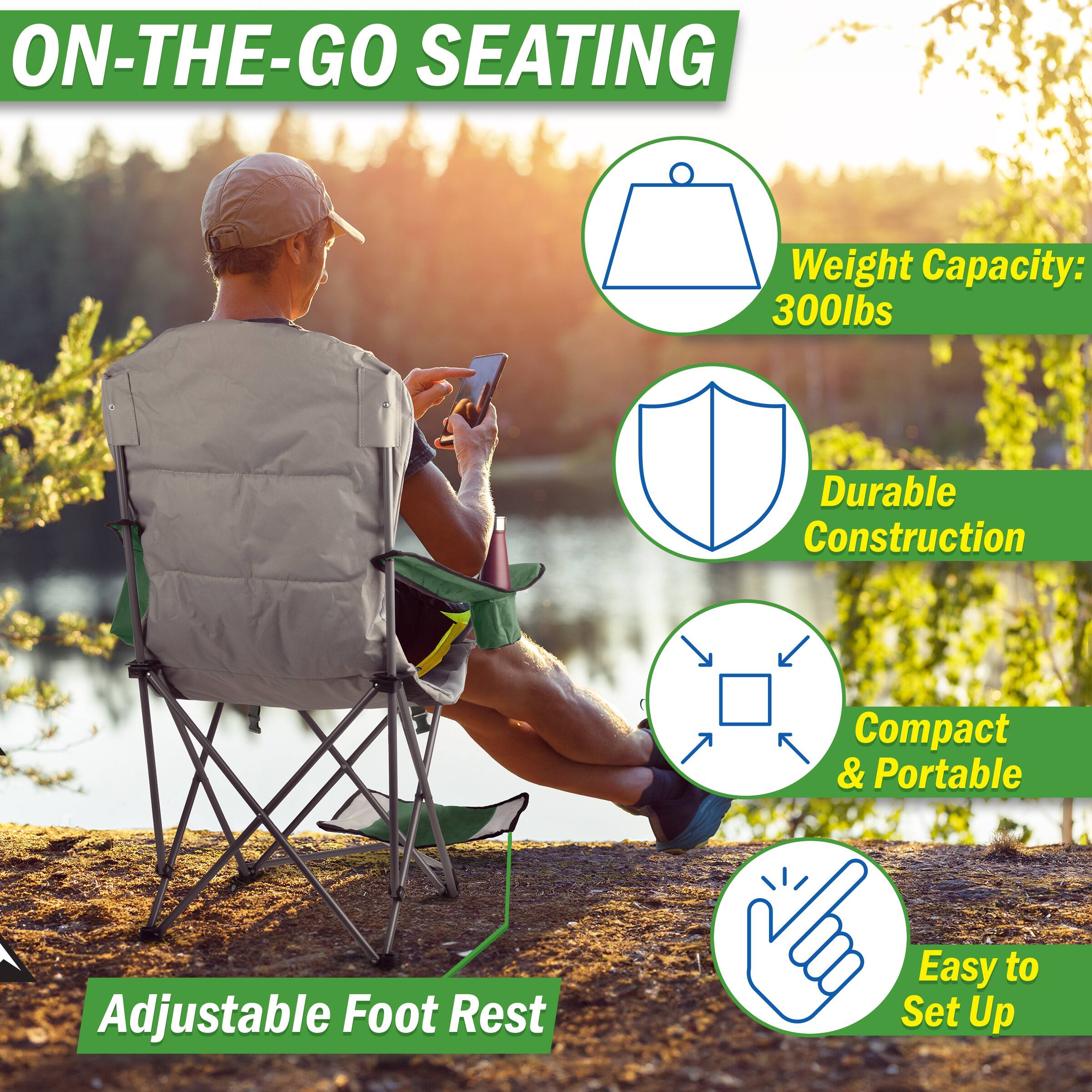 ON-THE-GO SEATING

- Weight Capacity: 300lbs
- Durable Construction
- Compact & Portable
- Adjustable Foot Rest
- Easy to Set Up