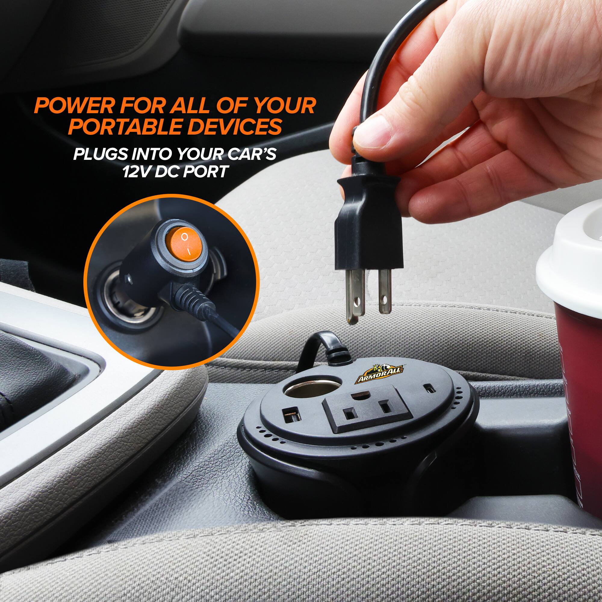 POWER FOR ALL OF YOUR PORTABLE DEVICES  
PLUGS INTO YOUR CAR'S 12V DC PORT