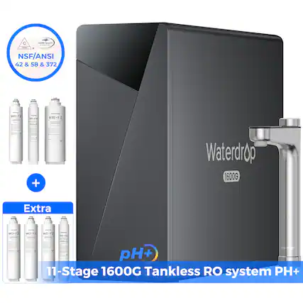 C Aa LALIY - - - d NSF/ANSI 42 & 58 & 372 WD-F2 | WOrTIA - X16-F3 : : | I + Waterdrop 1600G Extra : W2 : W- : WD- : WorTia d : adradico olr pH+ 11-Stage 1600G Tankless RO system PH+