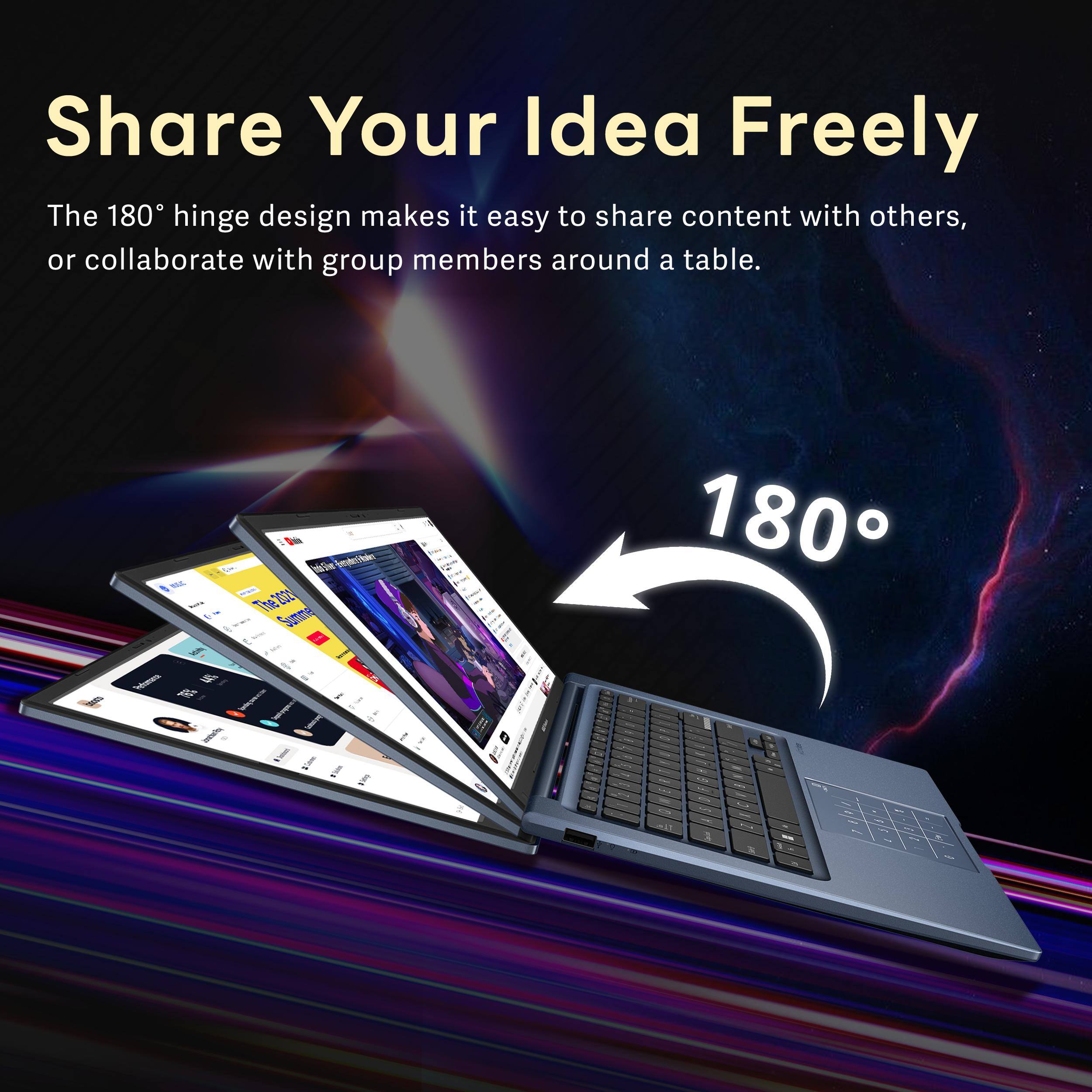 Share Your Idea Freely

The 180° hinge design makes it easy to share content with others, or collaborate with group members around a table.