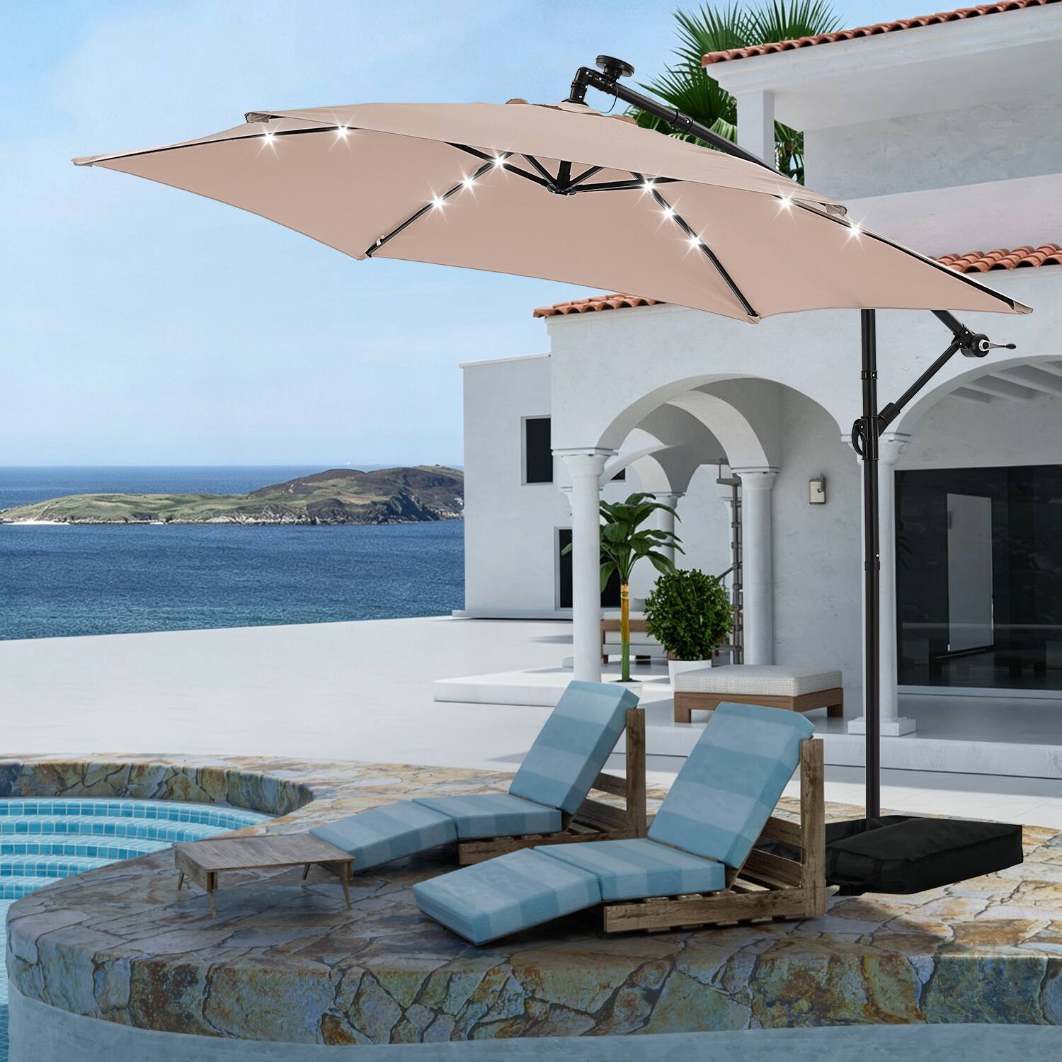Angle. Ainfox - Ainfox 10FT Outdoor Patio Cantilever Umbrella Hanging Offset with Cross Base  Sand Bags & 24 LED Solar Lights - Khaki.