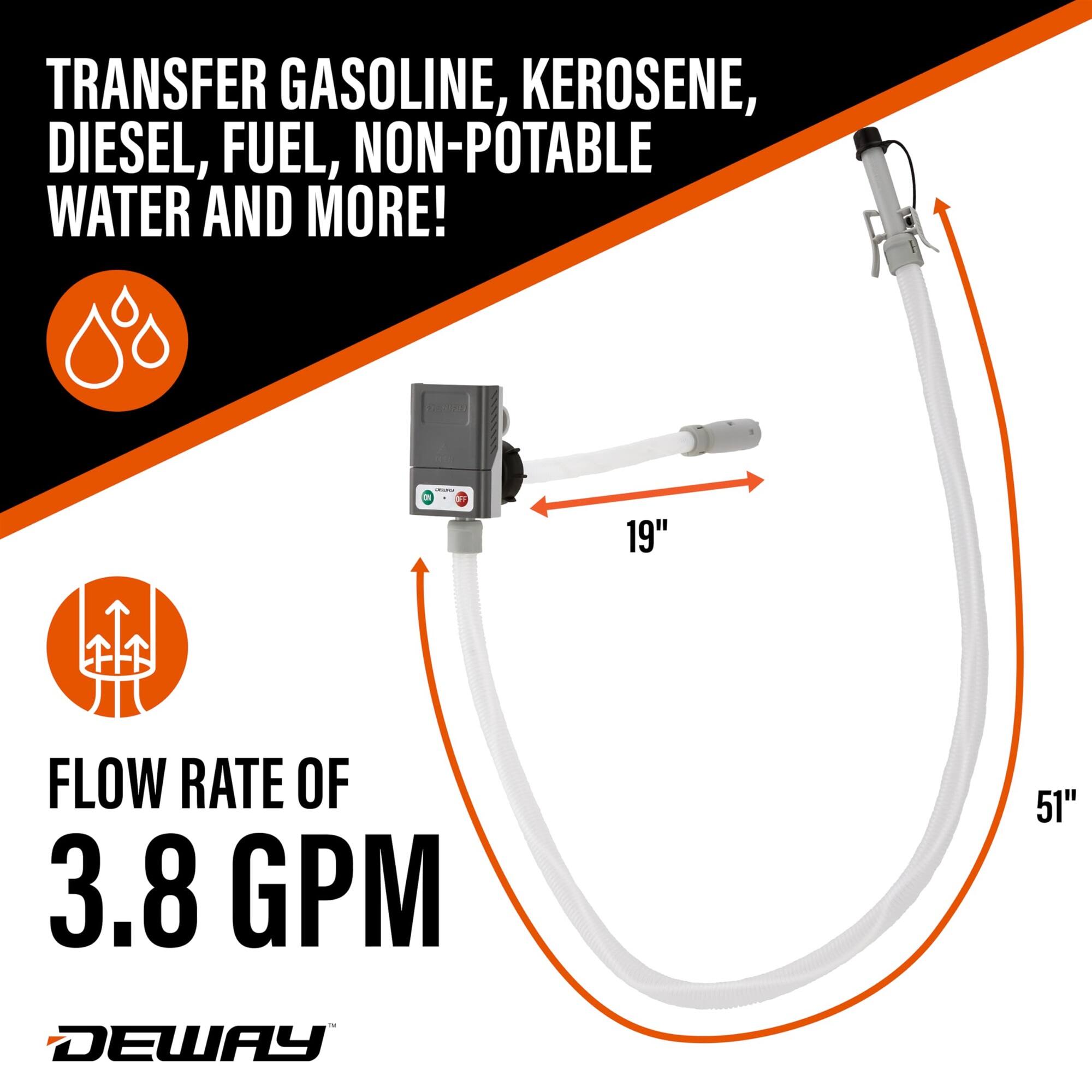 TRANSFER GASOLINE, KEROSENE, DIESEL, FUEL, NON-POTABLE WATER AND MORE! FLOW RATE OF 3.8 GPM DEWAY 51" - 19"