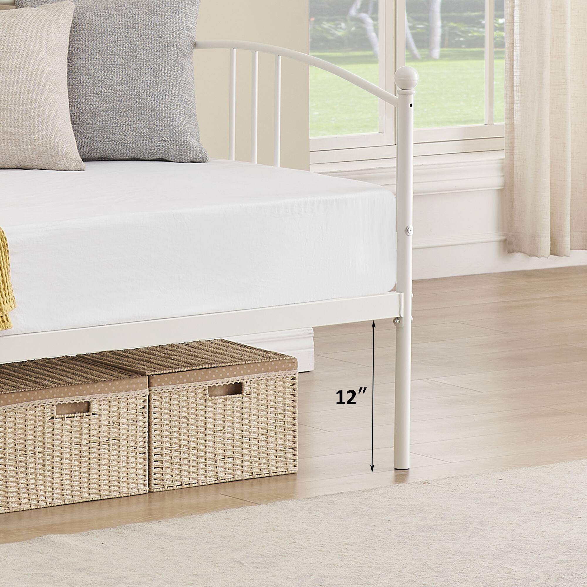 Alt View 4. Homhougo - Twin Rectangular Twin Metal Daybed with Trundle, Sofa Bed Frame with 6 Casters and Steel Slat Support - White.