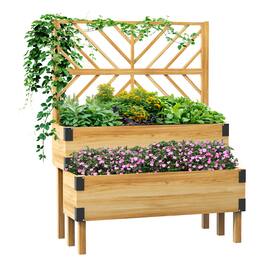 Outsunny - Raised Garden Bed with Trellis, 2 Tier Wooden Elevated Planter Box with Legs and Metal Corners for Vegetables, Flowers - Natural Wood