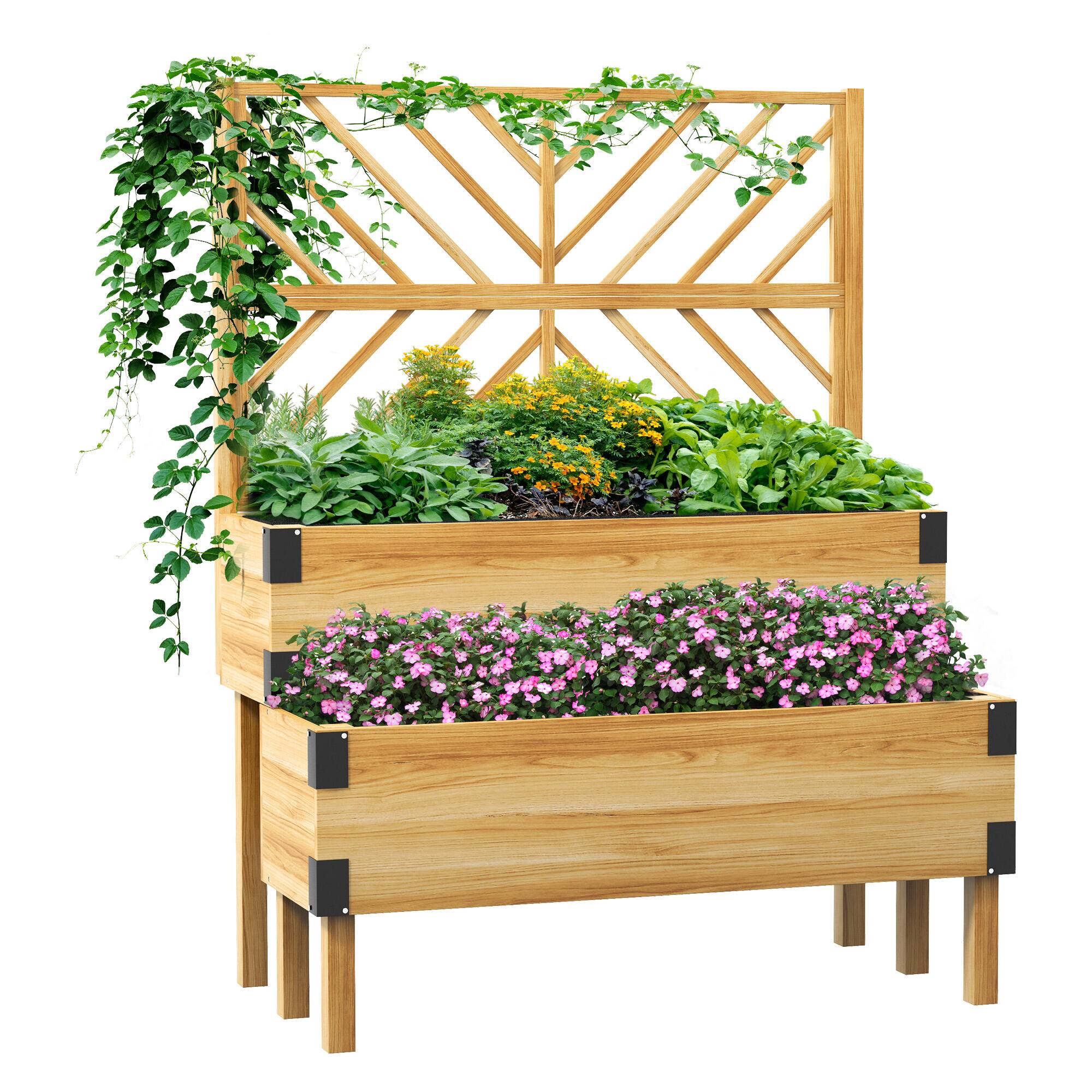 Front. Outsunny - Raised Garden Bed with Trellis, 2 Tier Wooden Elevated Planter Box with Legs and Metal Corners for Vegetables, Flowers - Natural Wood.