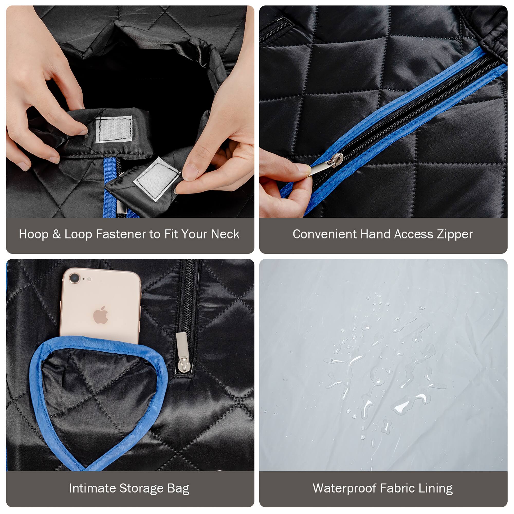 Group:

1. Hoop & Loop Fastener to Fit Your Neck
2. Convenient Hand Access Zipper
3. Intimate Storage Bag
4. Waterproof Fabric Lining

Corrected Text:

1. Hoop & Loop Fastener to Fit Your Neck
2. Convenient Hand Access Zipper
3. Intimate Storage Bag
4. Waterproof Fabric Lining