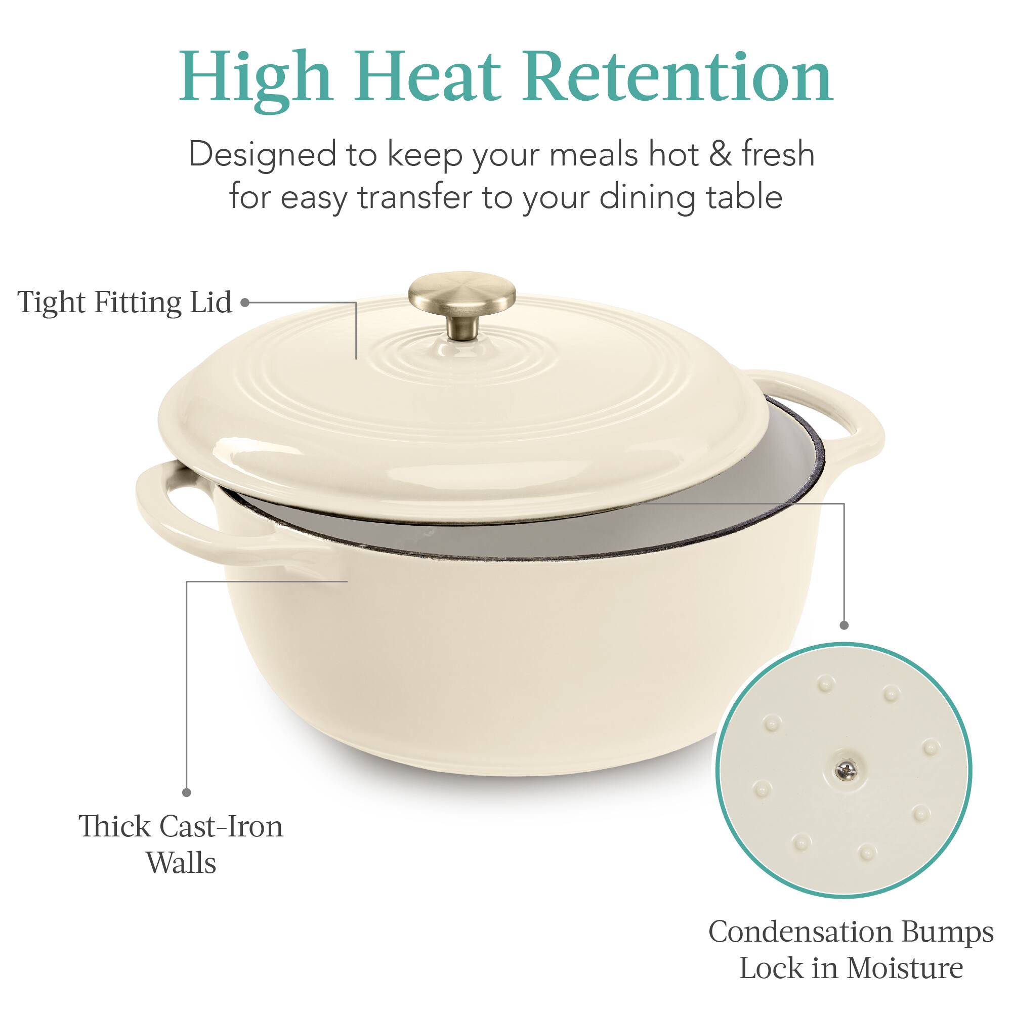 High Heat Retention  
Designed to keep your meals hot & fresh for easy transfer to your dining table  

- Tight Fitting Lid  
- Thick Cast-Iron Walls  
- Condensation Bumps Lock in Moisture