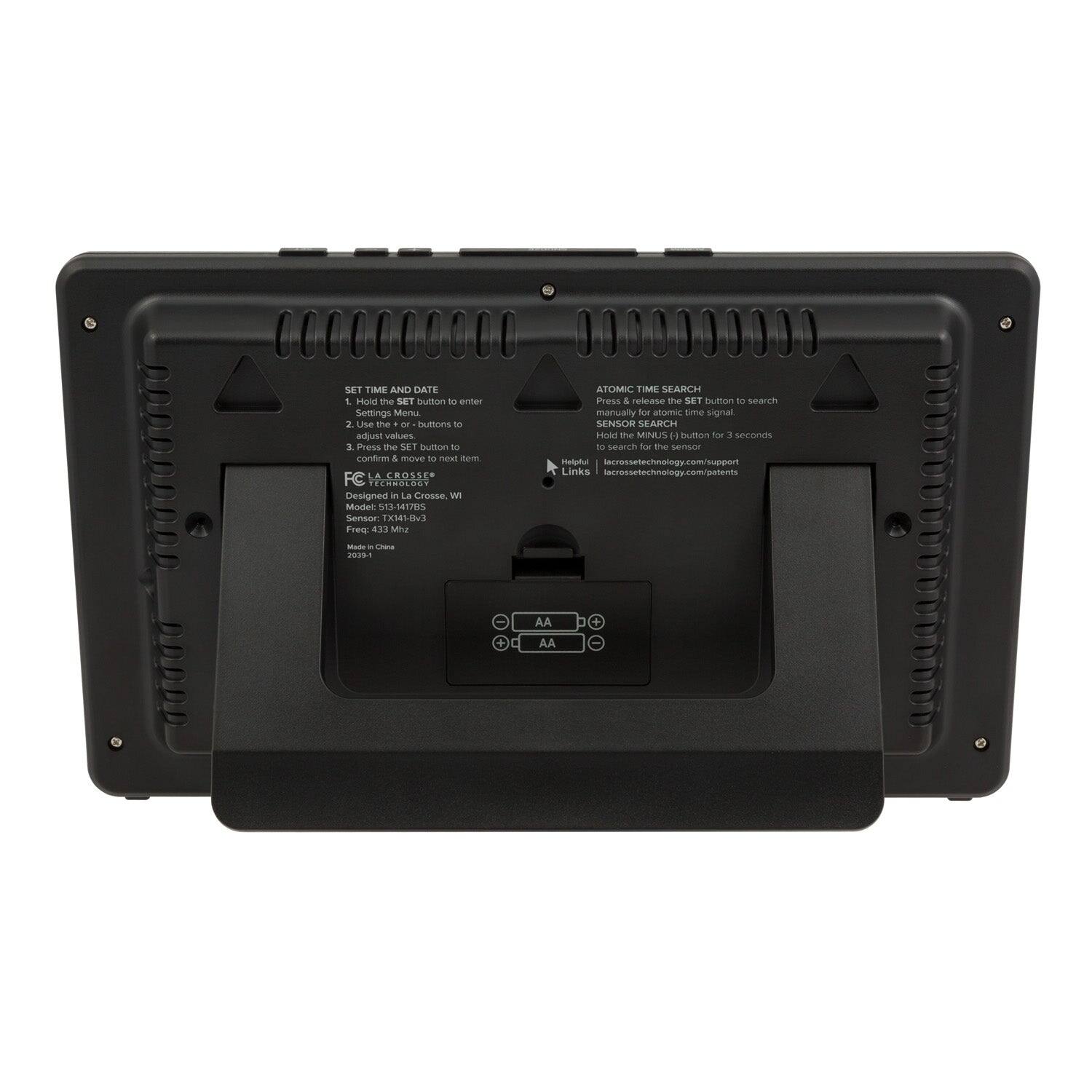 Sure, here is the corrected and grouped text from the image:

---

**SET TIME AND DATE**

1. Hold the SET button to enter Settings Menu.
2. Use the buttons to adjust values.
3. Press the SET button to confirm & move.

**ATOMIC TIME SEARCH**

Press & release the SET button to search for atomic time signal.
Hold the MINUS button for 3 seconds to search for the sensor.

**FC TECHNOLOGY**

Designed in Le Crense
Model: 513-1478555e WI
Sensor: TX118v3
Freq: 433 MHz

**SENSOR SEARCH**

Hold the MINUS button for 3 seconds to search for the sensor.

**Links**

lacrossetechnology.com/support
lacrossetechnology.com/patent

---

This text is organized into sections for clarity and corrected for any typographical errors.