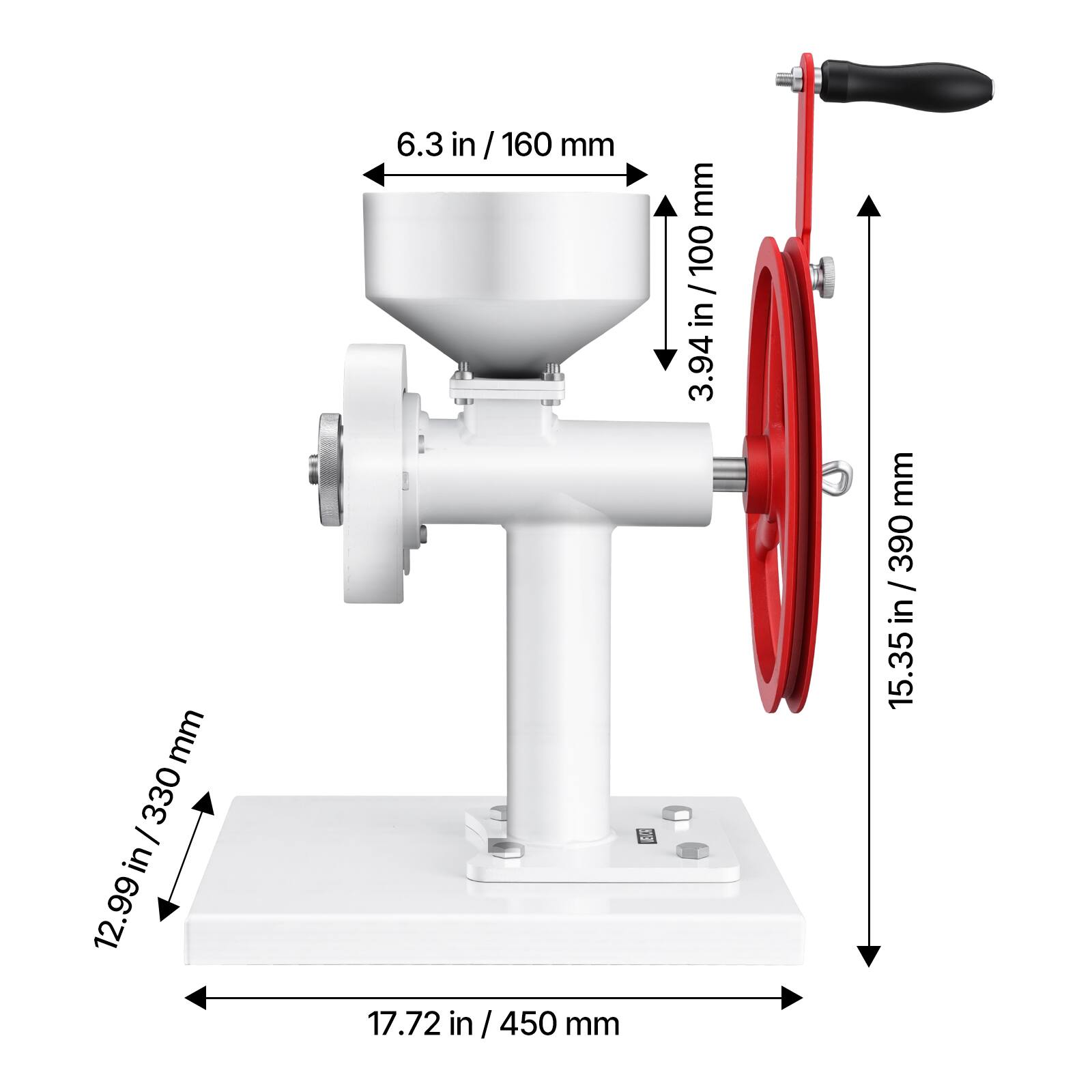 - 6.3 in / 160 mm
- 3.94 in / 100 mm
- 12.99 in / 330 mm
- 17.72 in / 450 mm
- 15.35 in / 390 mm