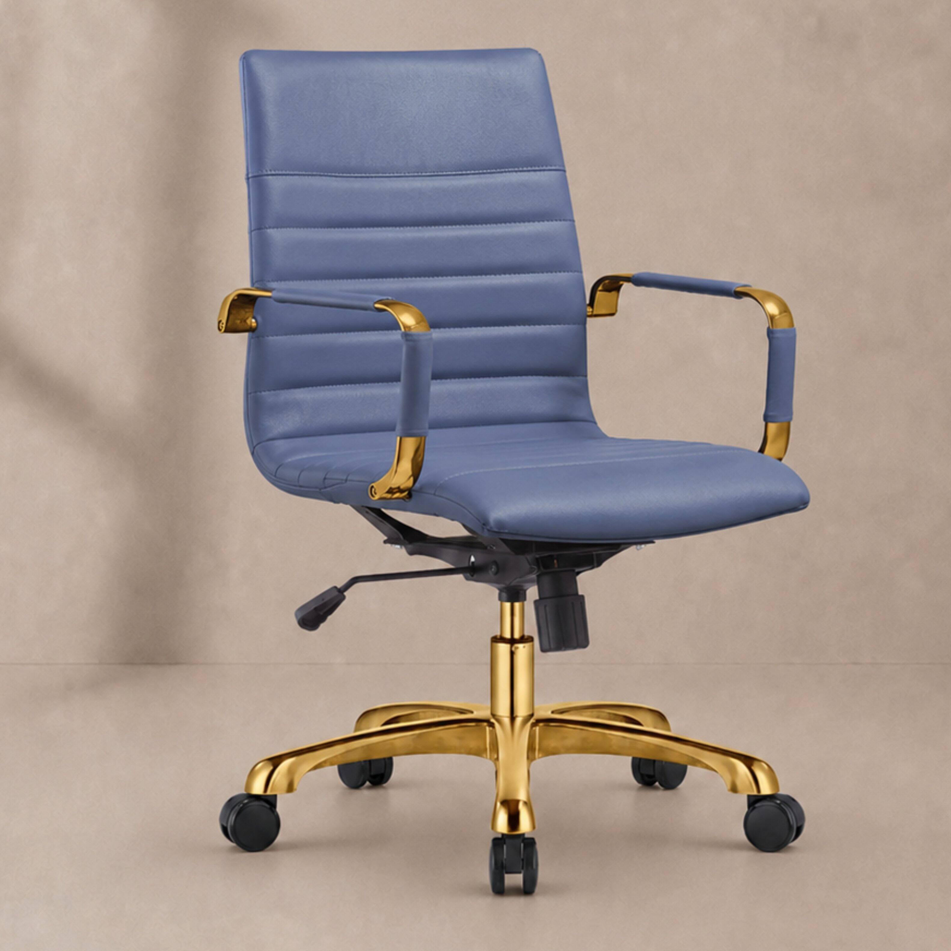 Alt View 4. LeisureMod - Harris Modern Ergonomic High Back Leather Upholstered Office Chair, Chrome Metal Frame Armless Desk Chair, Conference - Navy Blue.