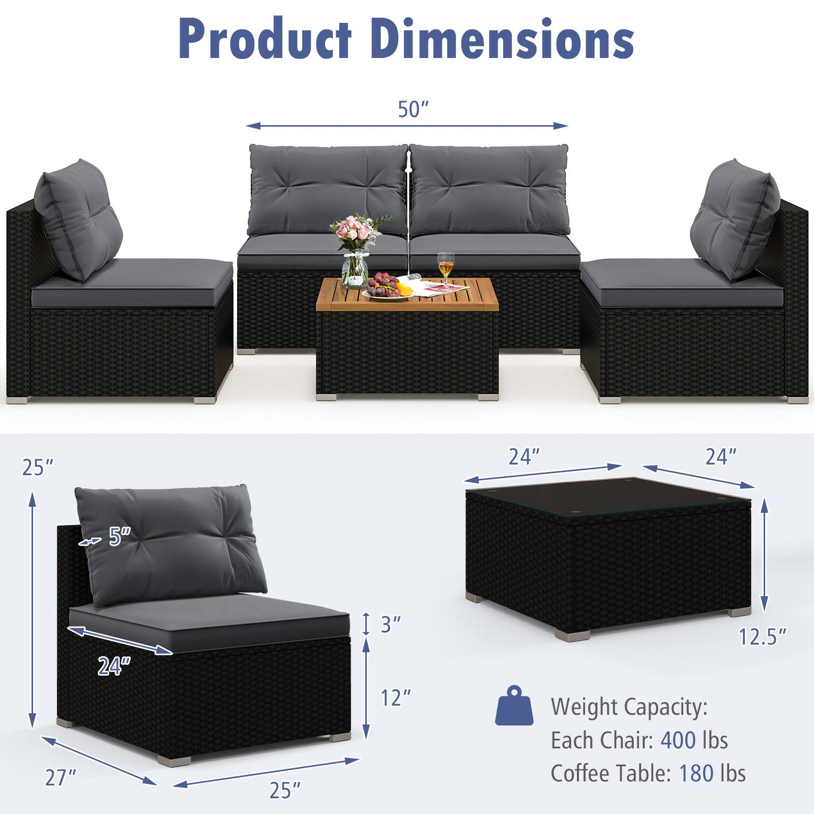 Product Dimensions: 50", 25", 24", 24", 5", 27", 24", 25", 3", 12", 12.5"

Weight Capacity: Each Chair: 400 lbs, Coffee Table: 180 lbs