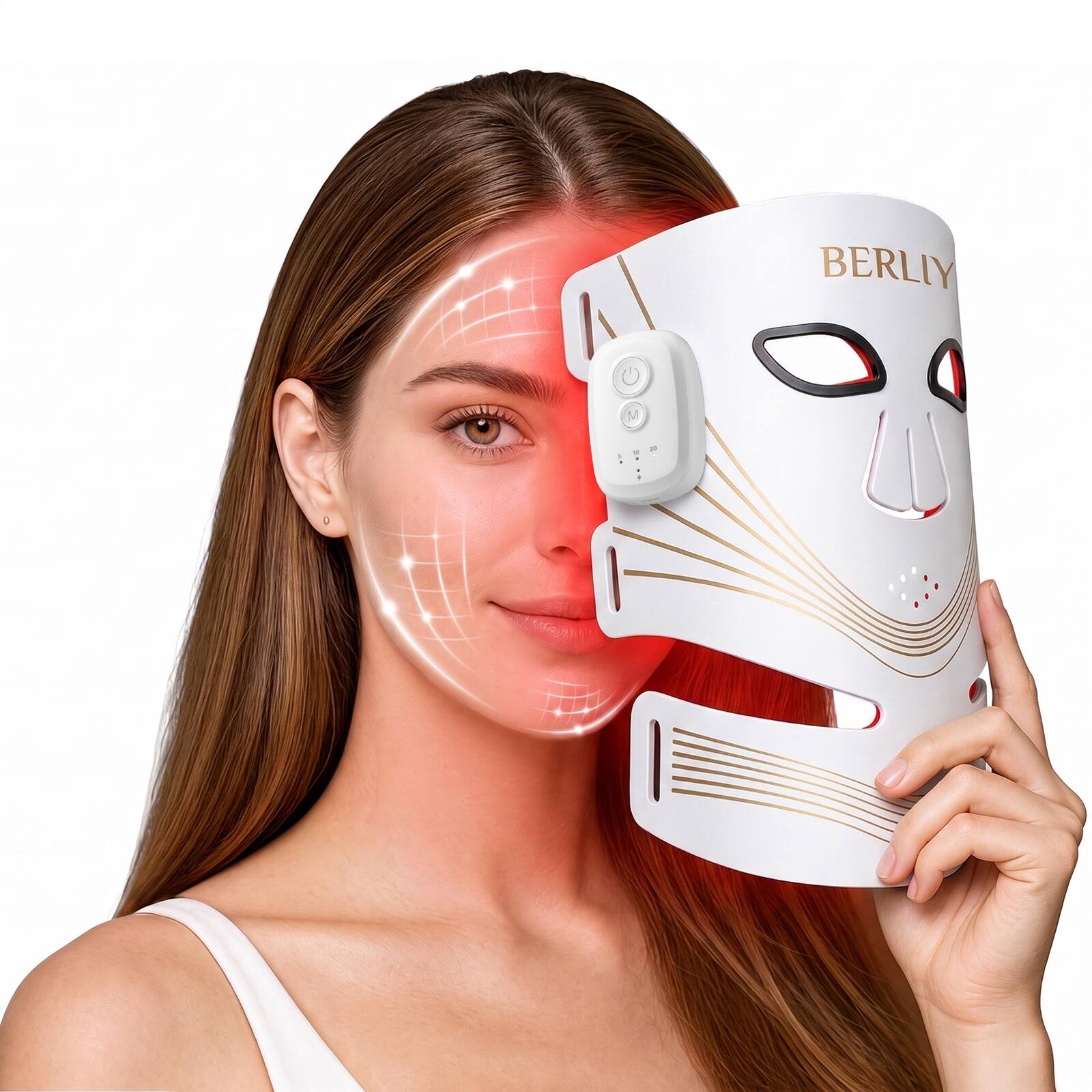 Front. NIMO - Wireless Red Light Therapy Mask for Face & Neck, 4 Modes & Timer, 416-Beam LED Flexible Silicone - White.