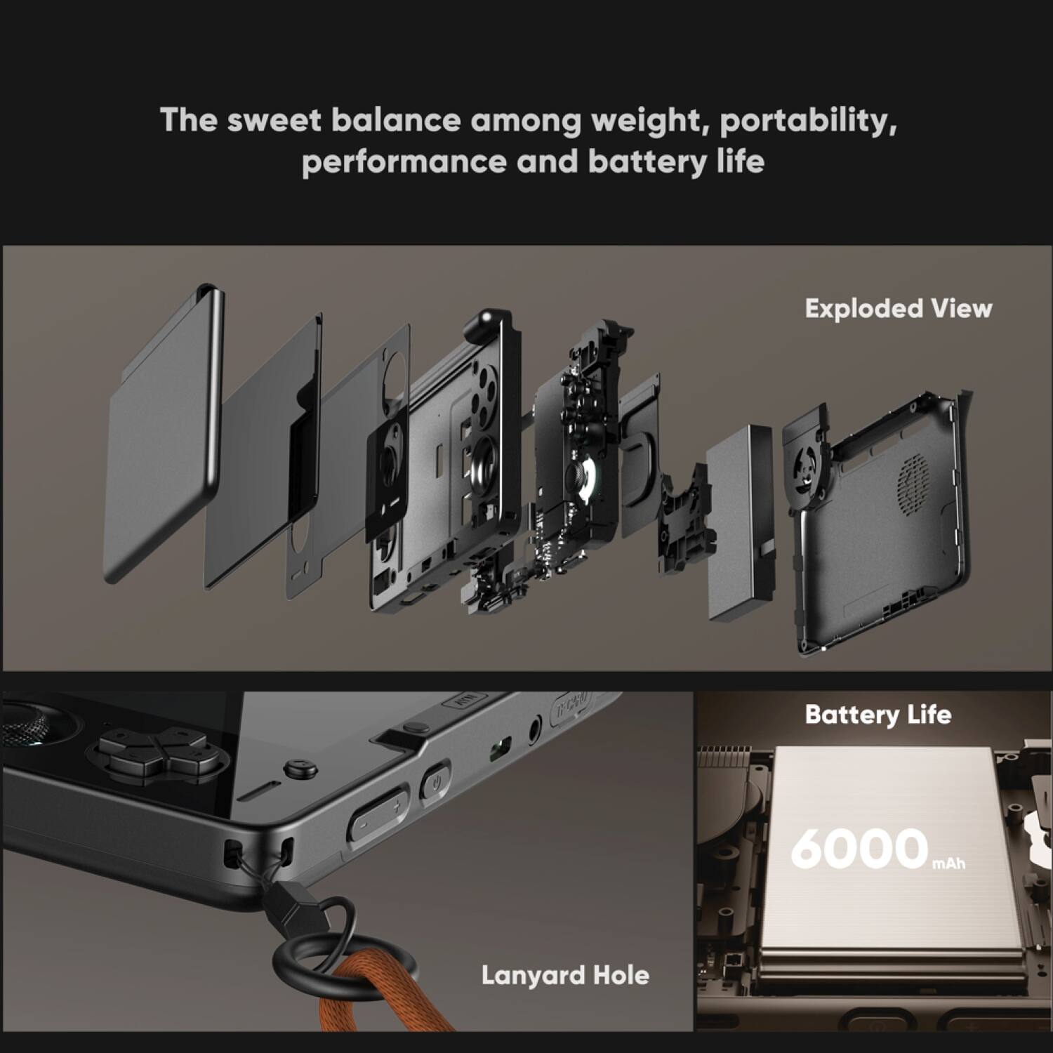 The sweet balance among weight, portability, performance and battery life

Exploded View

Battery Life 6000 mAh

Lanyard Hole