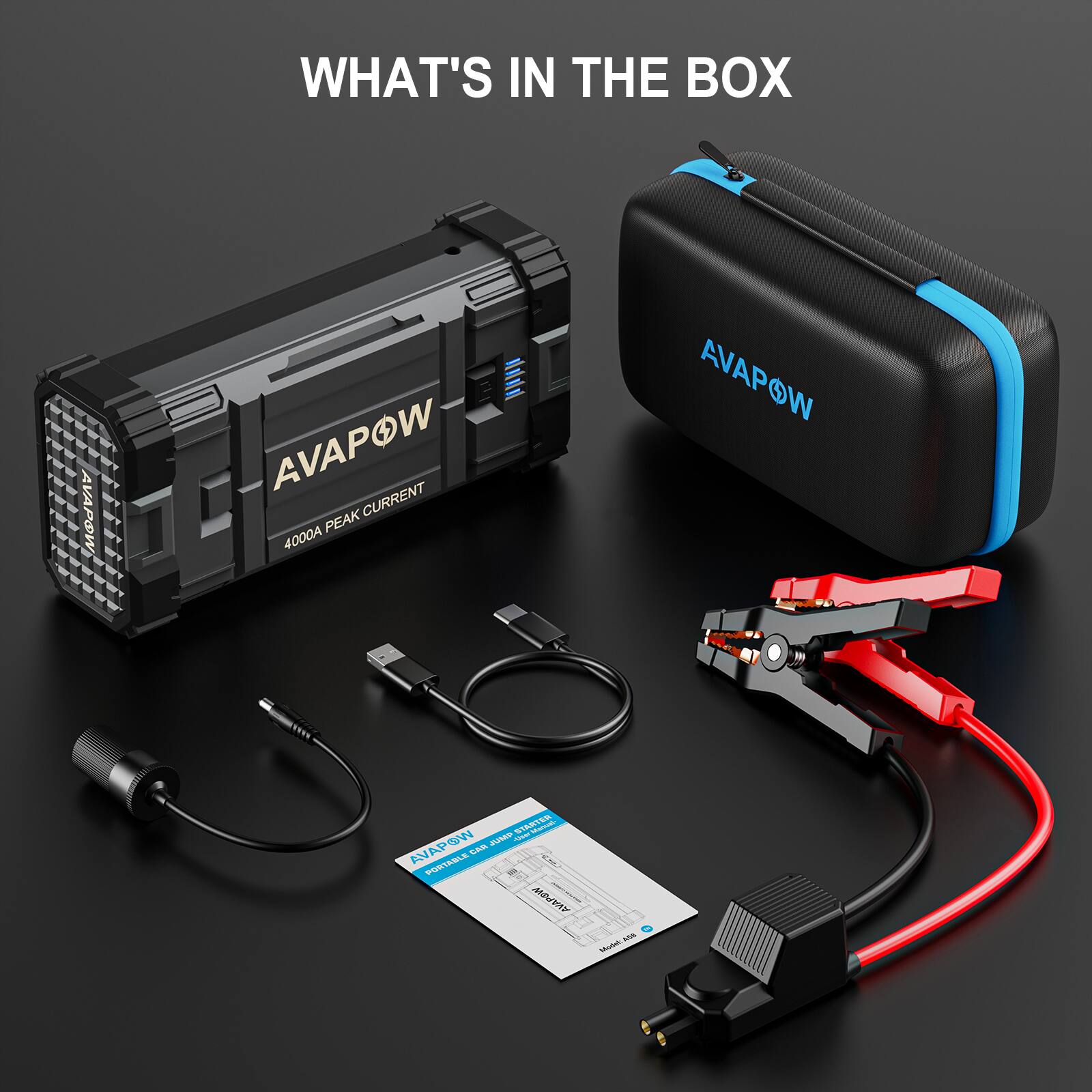 AVAPOW Car Jump Starter 4000 amp peak 27800 milliamp hour Portable