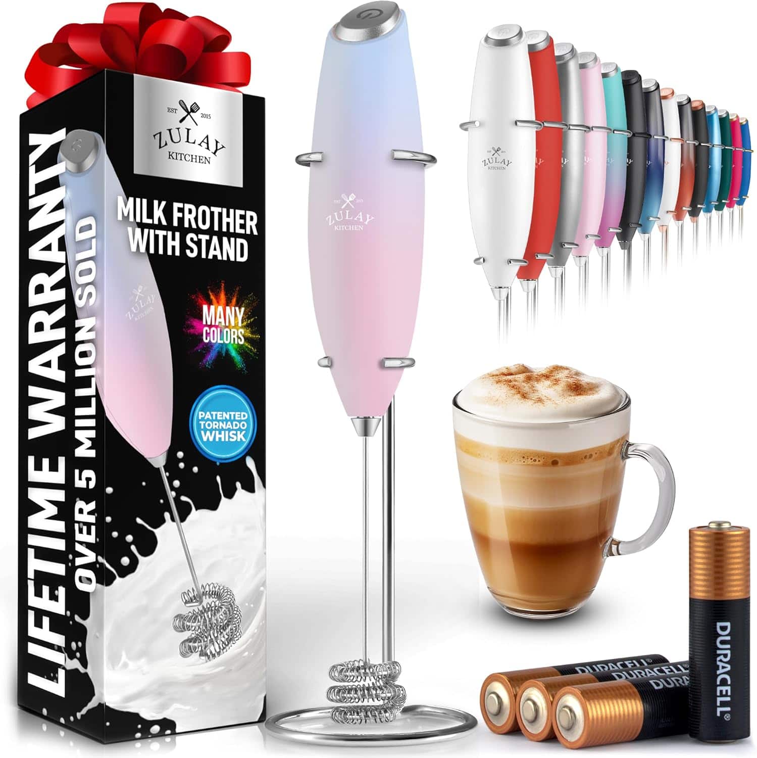 Zulay Kitchen - Tornado Whisk Milk Frother with 4 AA Duracell Batteries - Triple Whisk for More Power - Lavender