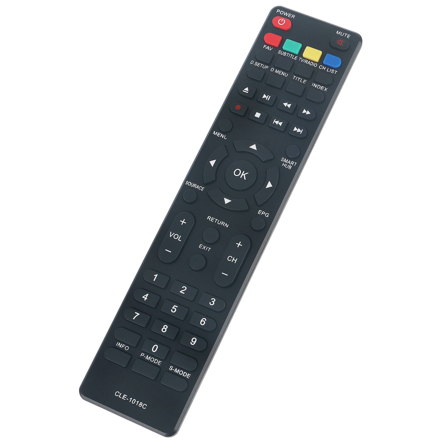 POWER MUTE  
FAV SUBTITLE TV/RADIO CH LIST  
SETUP MENU TITLE INDEX  
SOURCE OK SMART HUB  
RETURN VOL EXIT  
CH + -  
1 2 3 4 5 6 7 8 9 0  
INFO P-MODE S-MODE  
CLE-1018C EPG