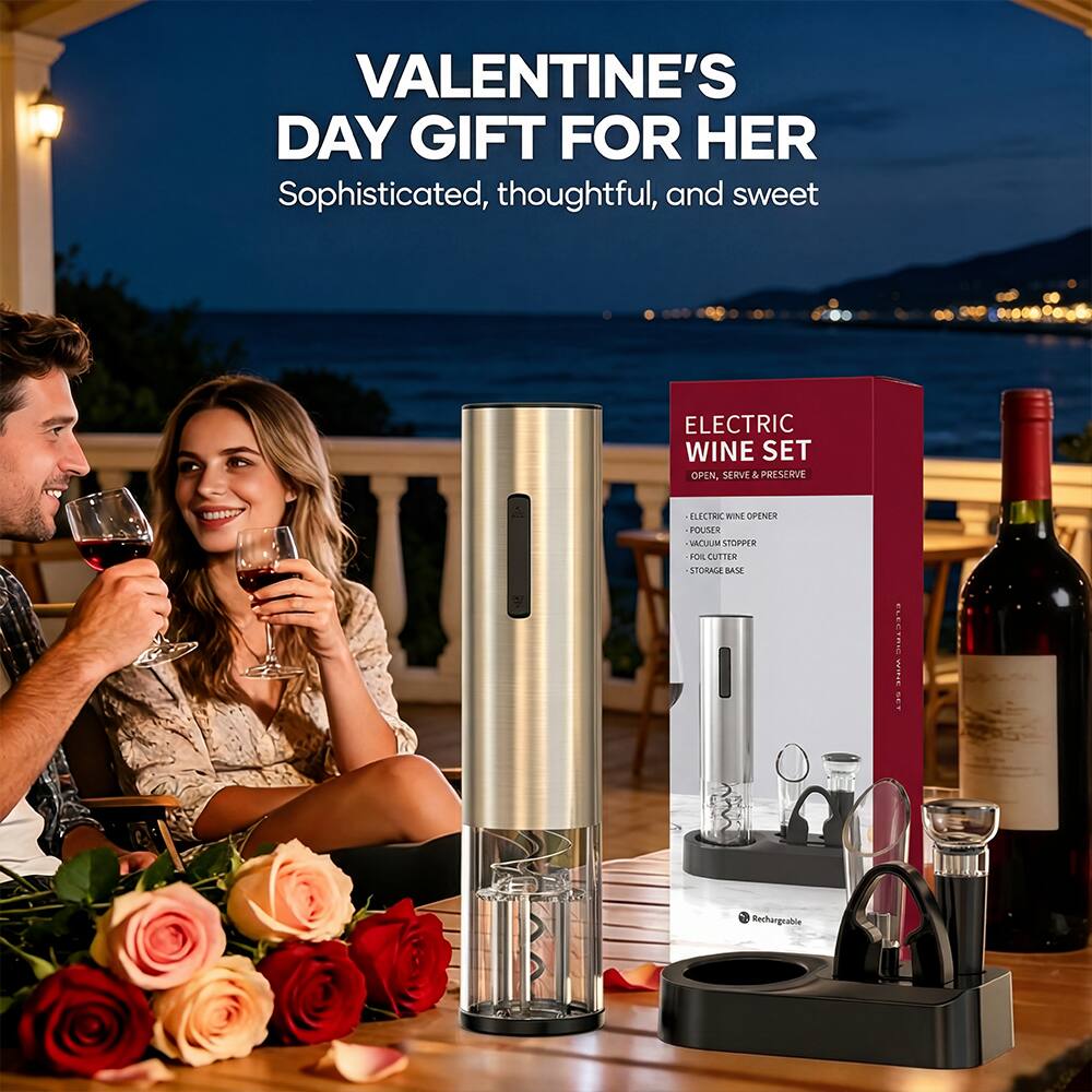 VALENTINE'S DAY GIFT FOR HER  
Sophisticated, thoughtful, and sweet  

ELECTRIC WINE SET  
OPEN, SERVE & PRESERVE  

- ELECTRIC WINE OPENER  
- FOIL CUTTER  
- POUCHE STOPPER  
- STORAGE BASE  

Rechargeable