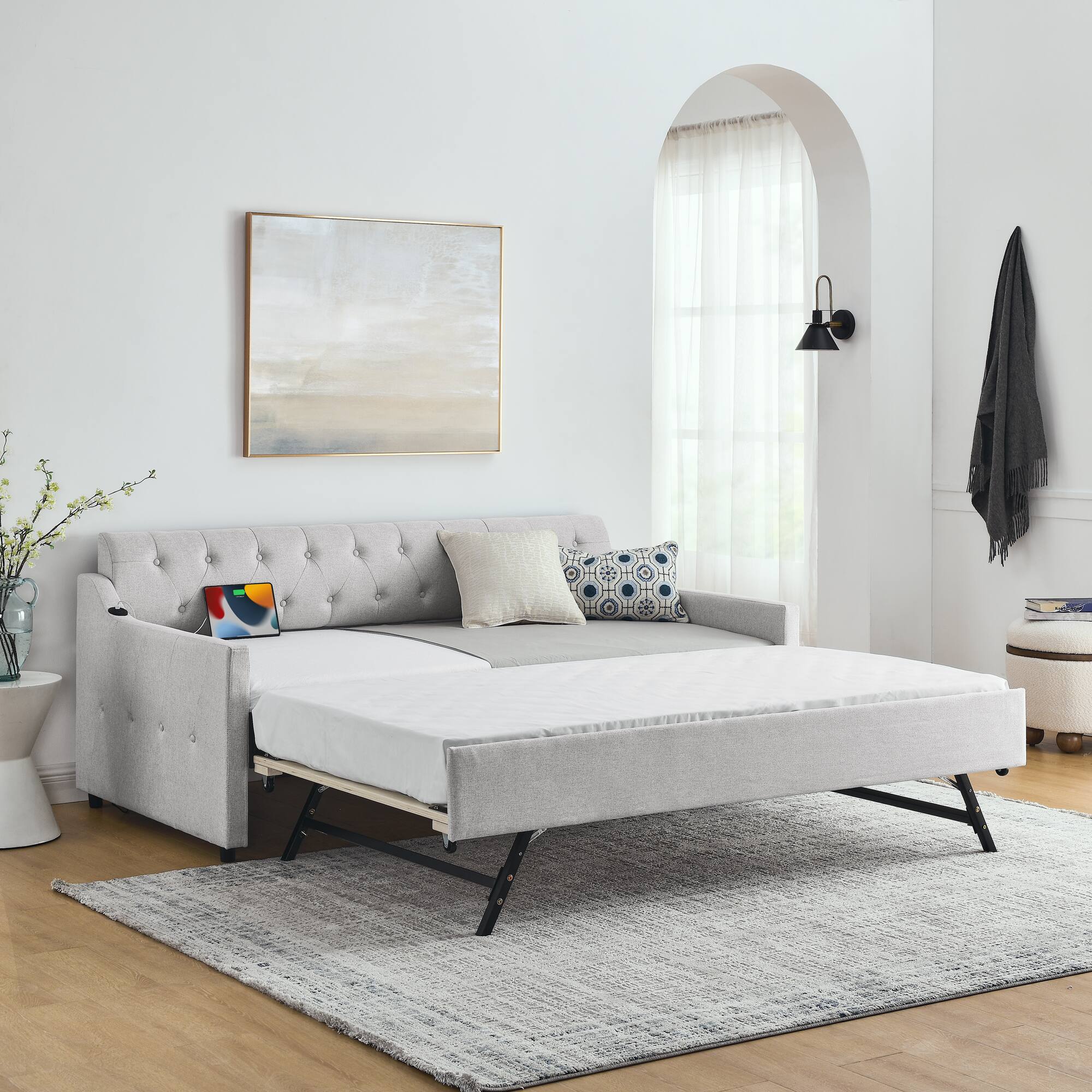 Left. Tiramisubest - Twin Size Upholstery DayBed with Twin Size Erectable Trundle and USB Charging Design, Linen Beige - Beige.