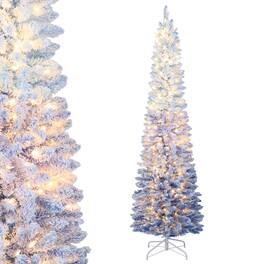 Costway - 7 FT Snow-flocked Artificial Christmas Tree with 290 Warm White LED Lights,8 Modes - Blue Gradient,White