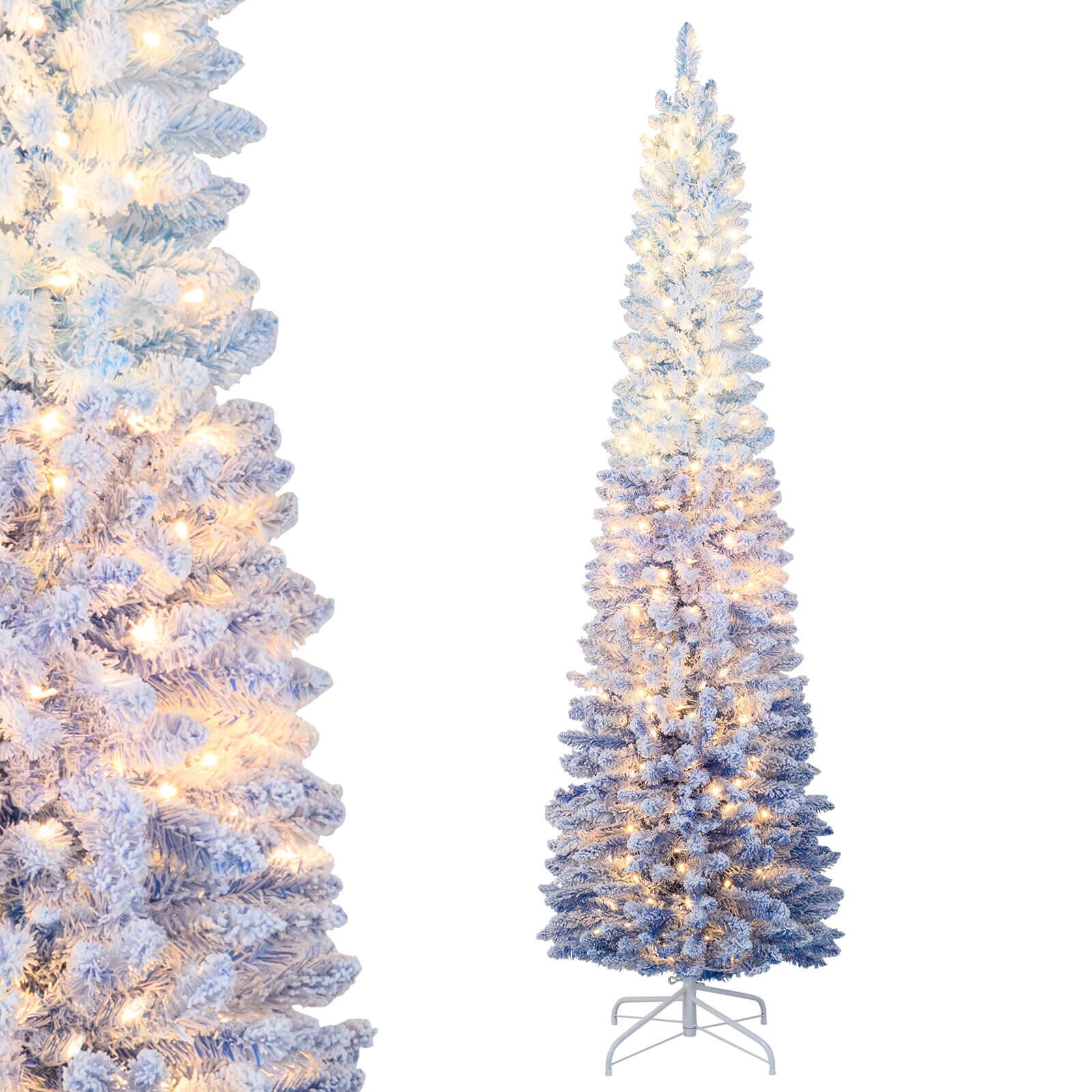 Front. Costway - Costway 7 FT Snow-flocked Artificial Christmas Tree with 290 Warm White LED Lights,8 Modes - Blue Gradient,White.