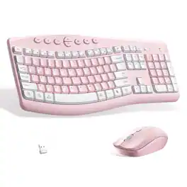 Bundle - HESVAP - Silent Ergonomic Wireless Keyboard and Mouse Combo, Full-Size Curved Keys, 2.4GHz USB, Adjustable DPI - Light Pink A