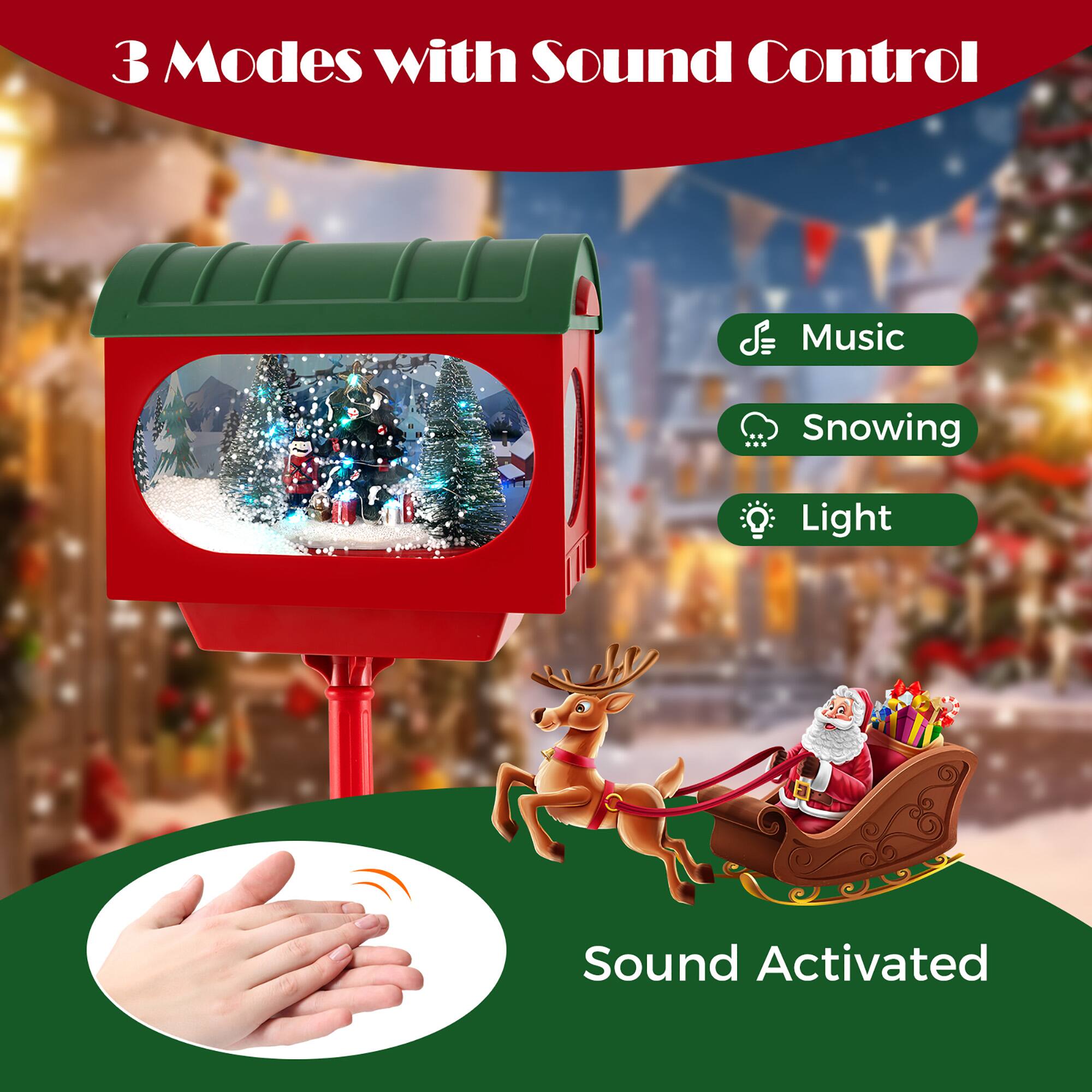 3 Modes with Sound Control

- Music
- Snowing
- Light

Sound Activated